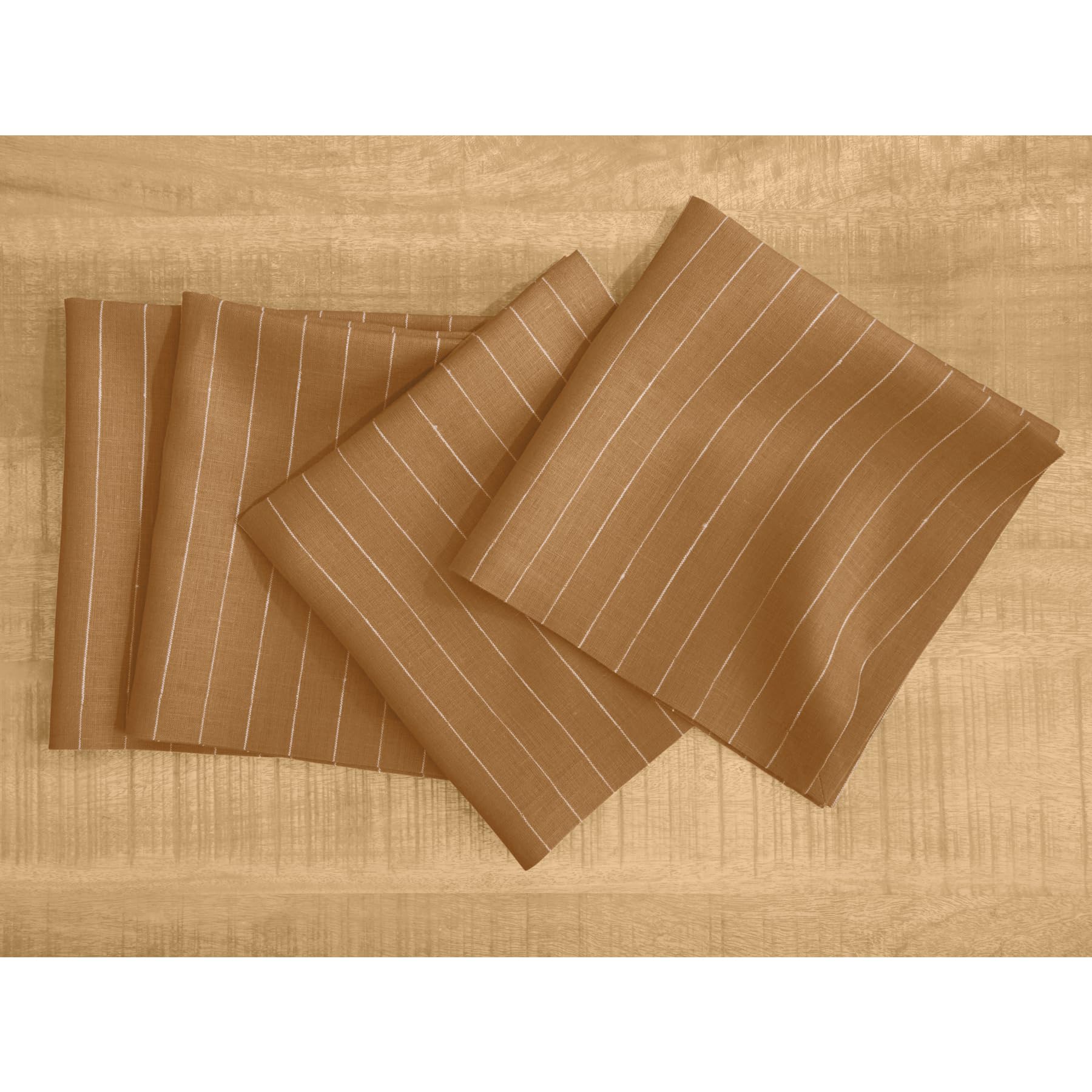 Solino Home Pinstripe Linen Dinner Napkins 20 X 20 Inch - 100% Pure Linen Camel And White Cloth Napkins Set Of 4 - Handcrafted A