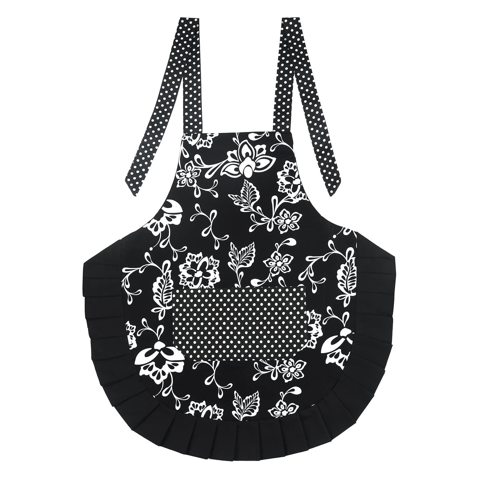 G2PLUS Cotton Floral Apron for Women, Extra Long Ties, 29x21 inch, Black, Model COMINHKPR108433, Ideal for Cooking, Baking, Gardening