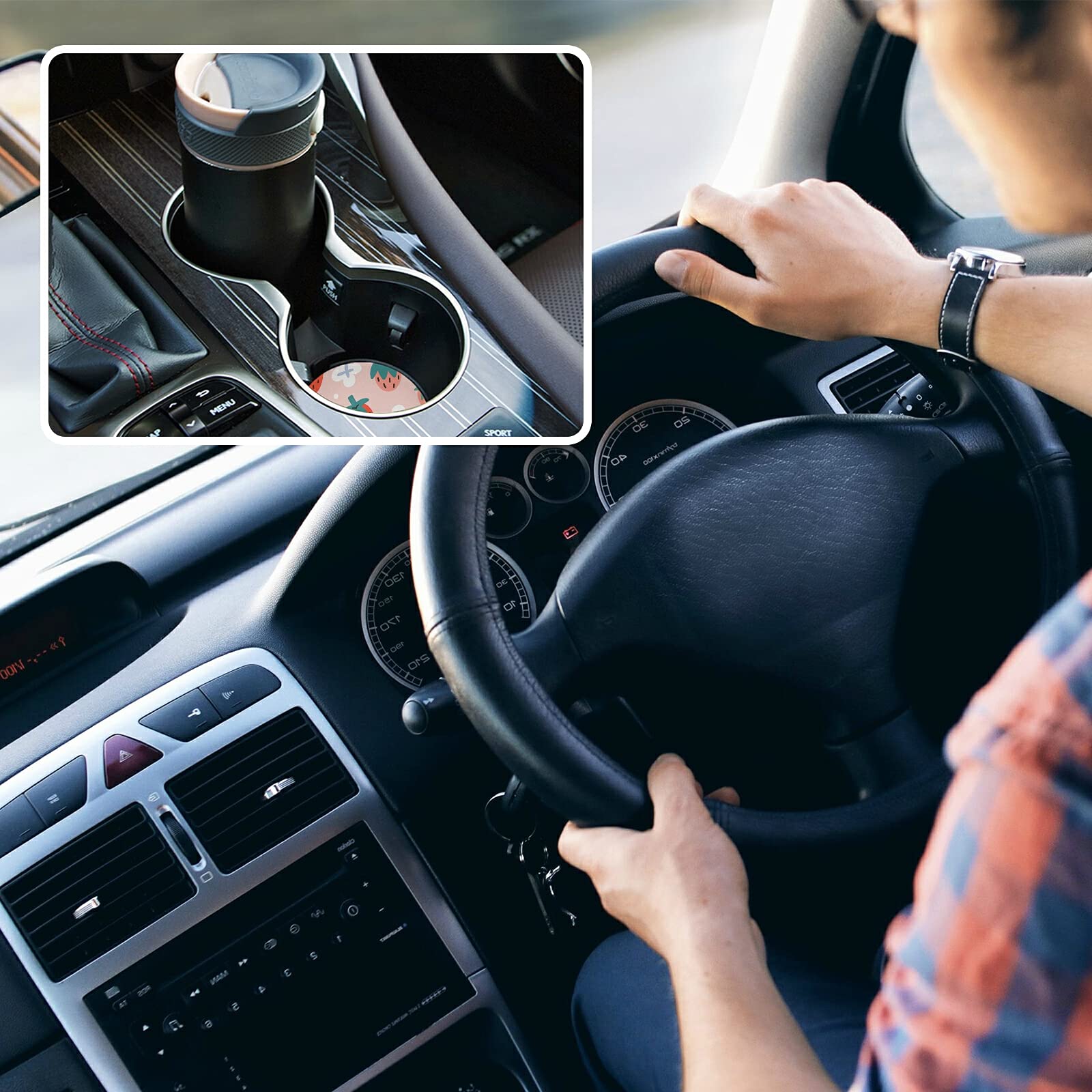 Xigua Cute Strawberry Car Coasters 2 Pack Drinks Absorbent Ceramic Stone Car Coasters With Fingertip Grip Car Cup Holder Coaster