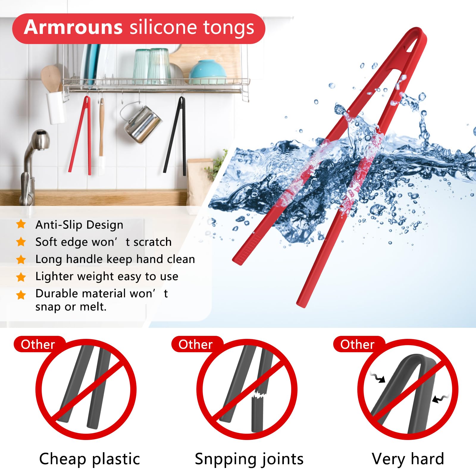 Armrouns 2Pcs Silicone Toast Tongs Anti-Slip, 11.8'' Silicone Kitchen Tong, Trivet Tongs For Cooking, Long Bbq Grilling Tongs Fo