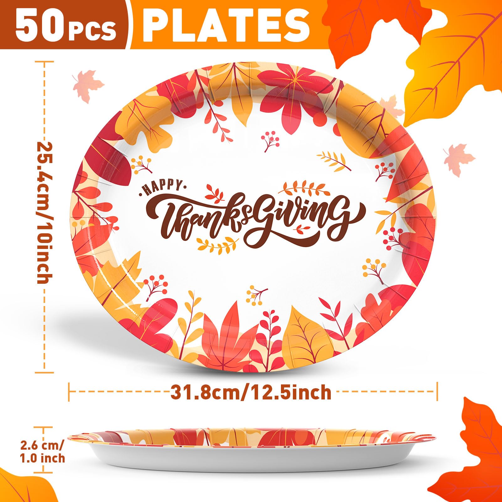 Gezond 50 Pcs Thanksgiving Oval Paper Plates, 10 x 12.5 Fall Disposable Heavy Duty Plates for Thanks Theme Party Supplies Autumn