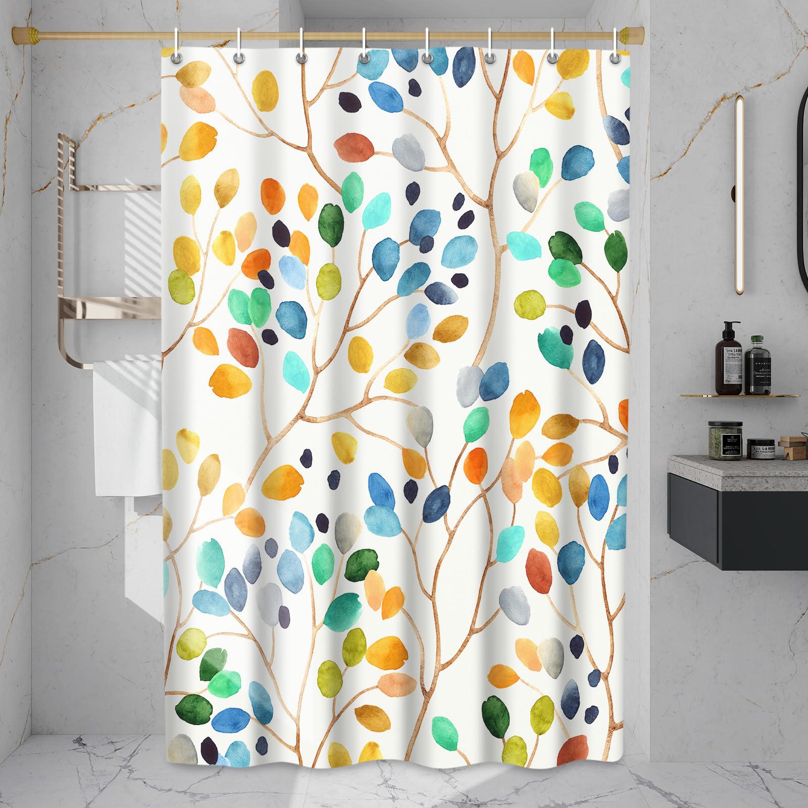 Lxbni Small Boho Floral Shower Curtain, Colorful Botanical Flower Leaf Bohemian Waterproof Shower Curtain With Hooks, Bathroom D