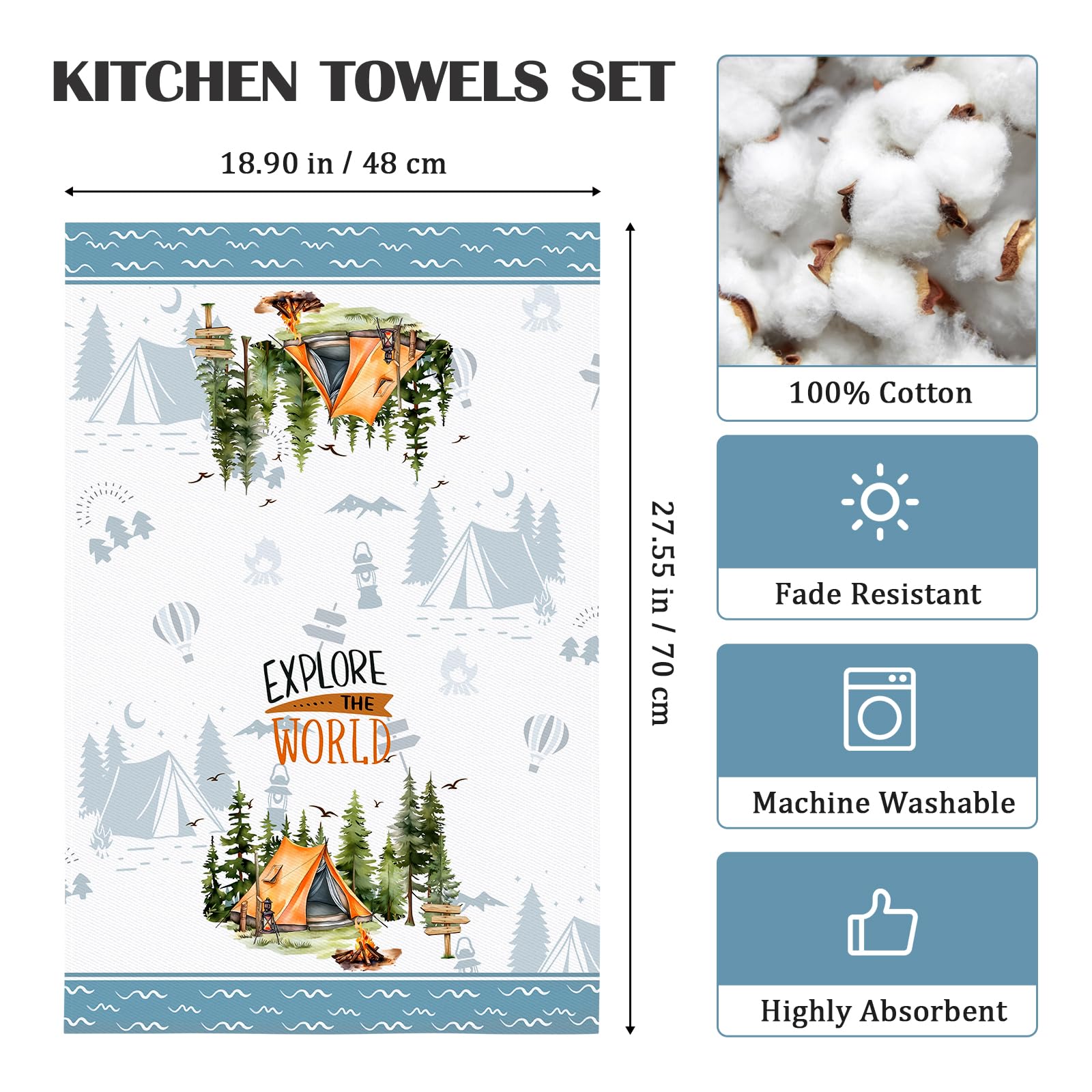 Arquiel Camping Tea Towels, Cotton Kitchen Towel 18.9    27.5 Inch, Quick Drying Dish Cloth For Party Anniversary Holiday Decora