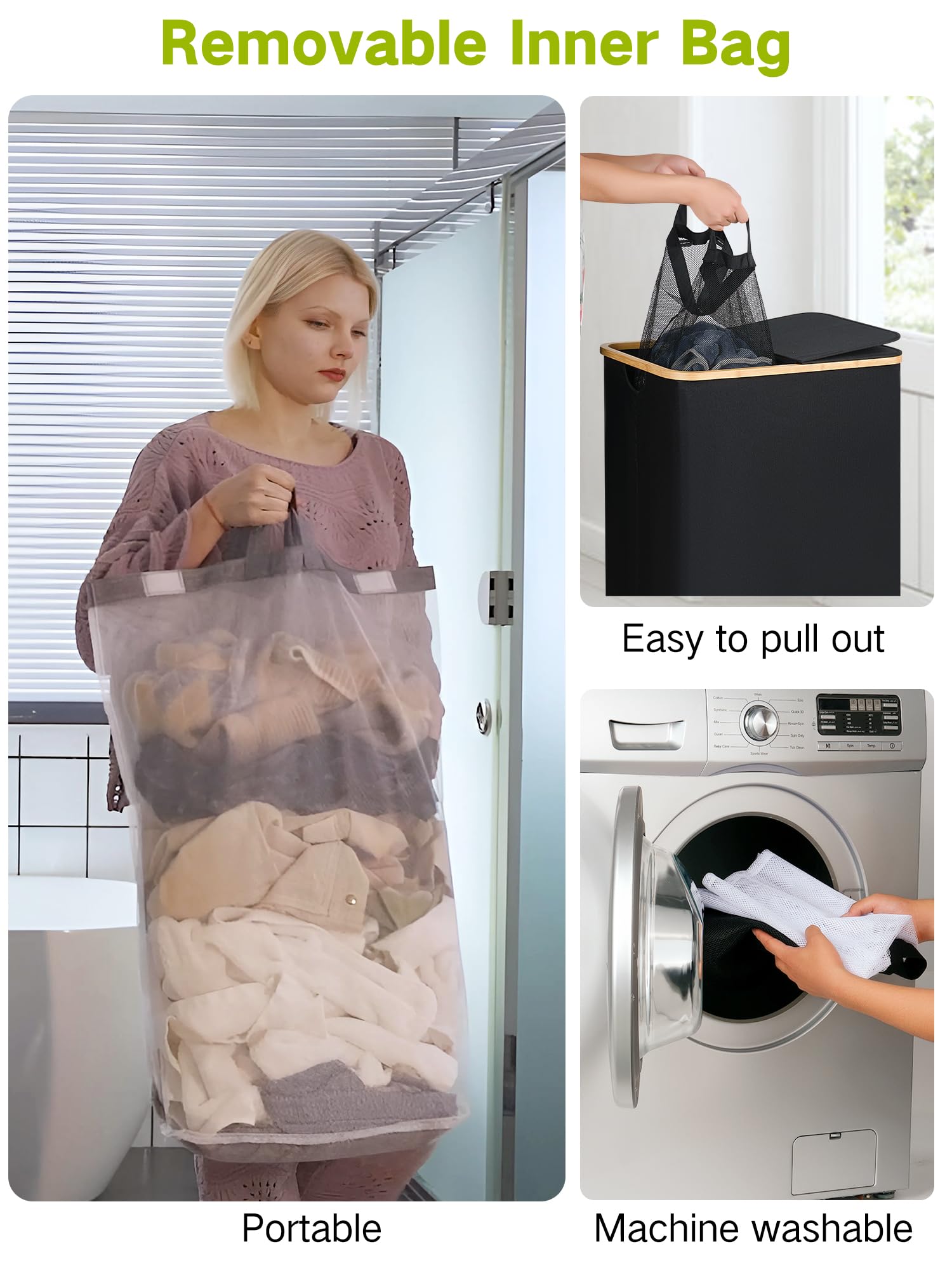 Efluky Double Laundry Hamper With Wheels, Divided Laundry Hamper With Removable Bags, 2 Section Dirty Clothes Basket With Handle