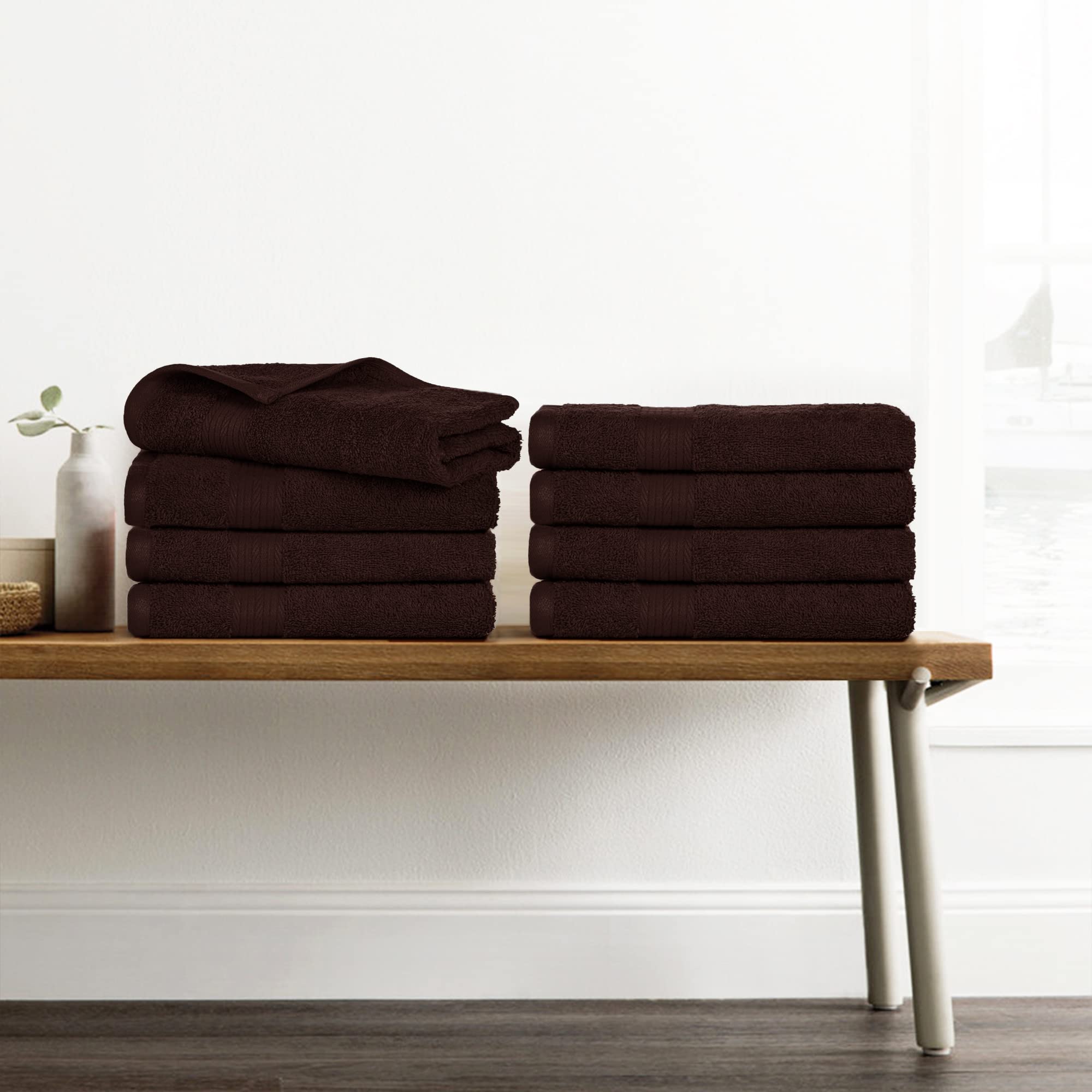 Ample Decor Bathroom Hand Towels 18 X 28 Inch 600 GSM 100% Cotton  Soft Absorbent - 8 Pcs Brown