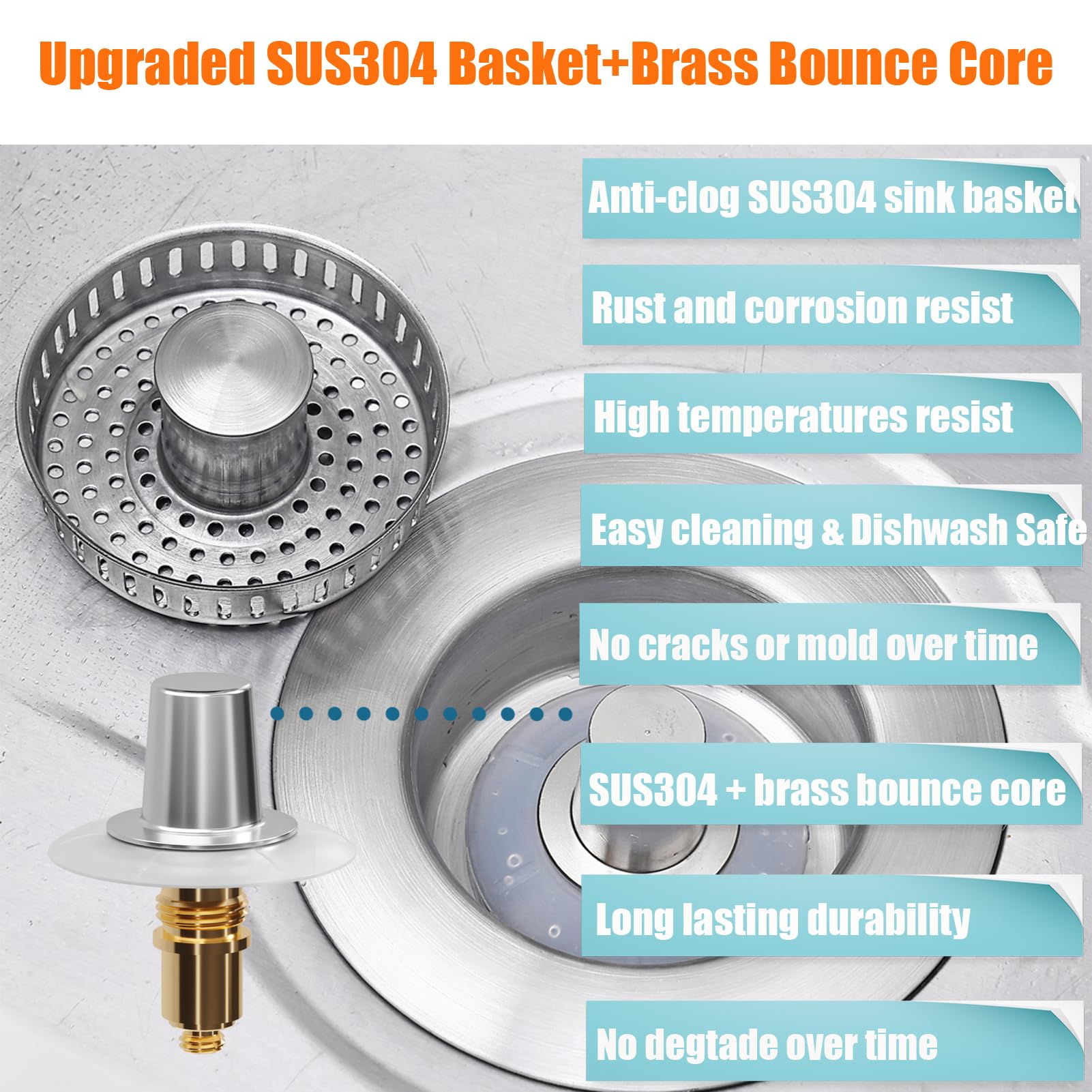 Upgraded 3 In 1 Kitchen Sink Drain Strainer, Magic Sink Stopper, Stainless Steel Anti-Clogging Sink Basket/Brass Pop-Up Core/Fas