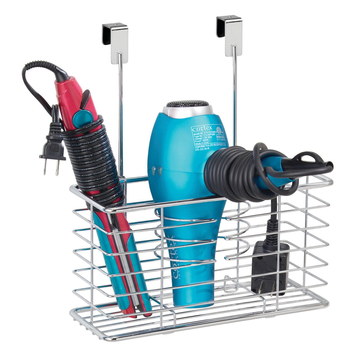 Mdesign Steel Over Cabinet Hair Dryer Holder Storage, Chrome, 5.2In X 10.2In X 12.3In