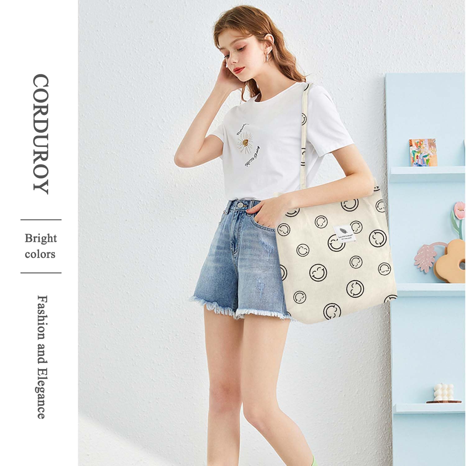 Lhmtqvk Corduroy Tote Bags For Women, Large Capacity Corduroy Bag Reusable Grocery Shoulder Bag With Inner Pockets(Smile)