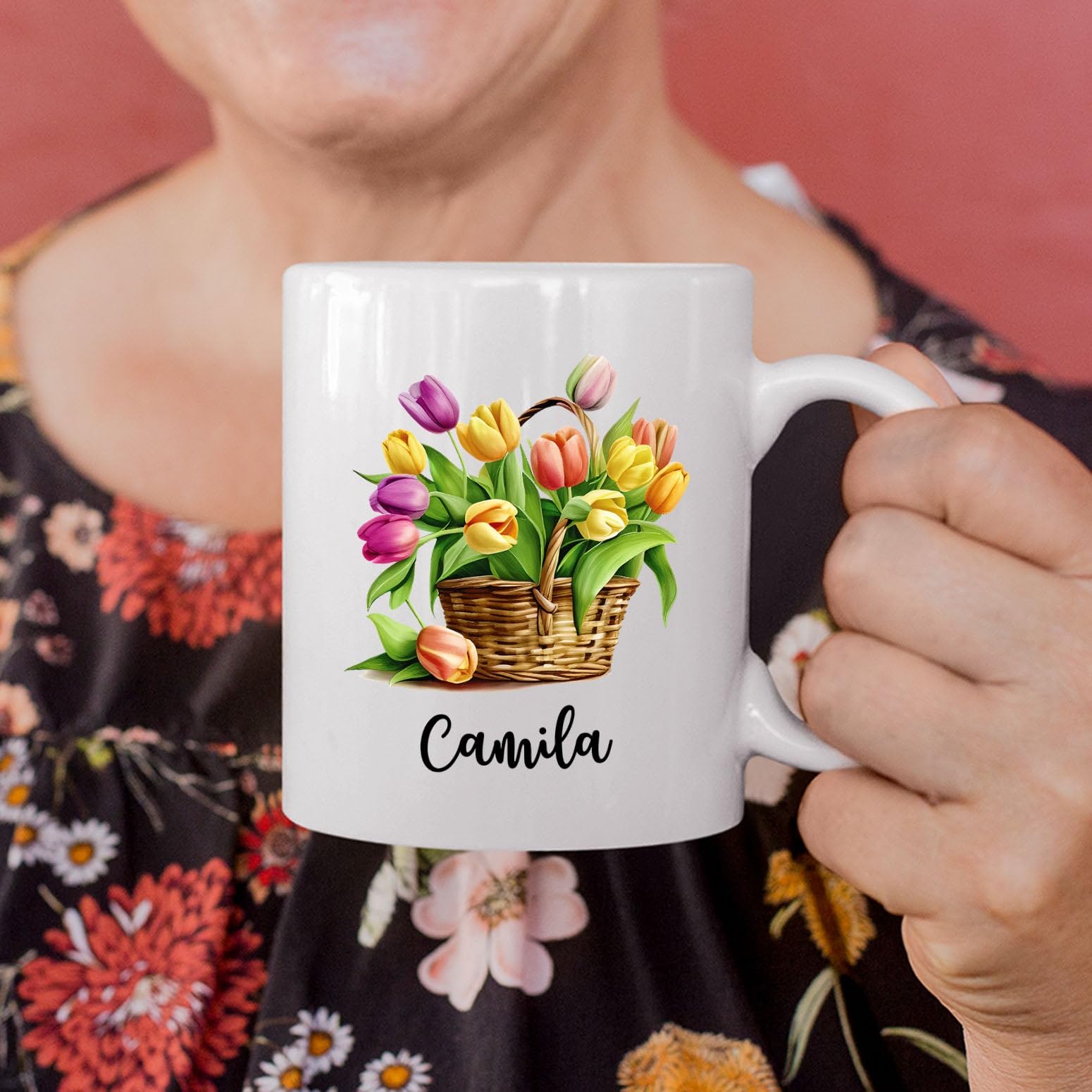 Personalized Tulip Ceramic Cup Gift for Tulip Lover, Custom Name Tulip Cup, Flower Coffee Mug Present for Flower Lovers, Customi