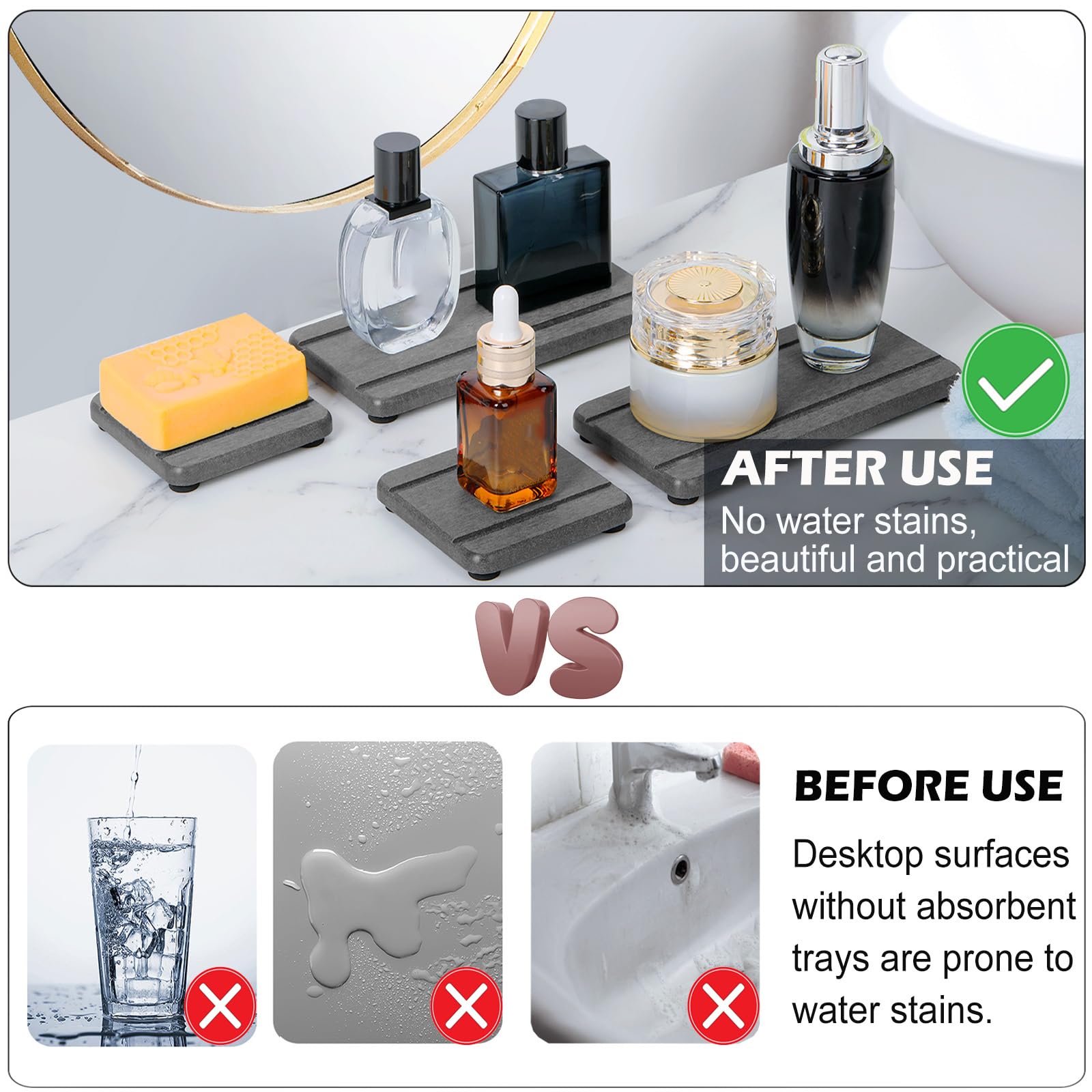 4Pcs Stone Drying Trays For Bathroom Sink, Water Absorbing Stone Tray, Water Absorbent Diatomaceous Earth Tray And Coaster, Diat