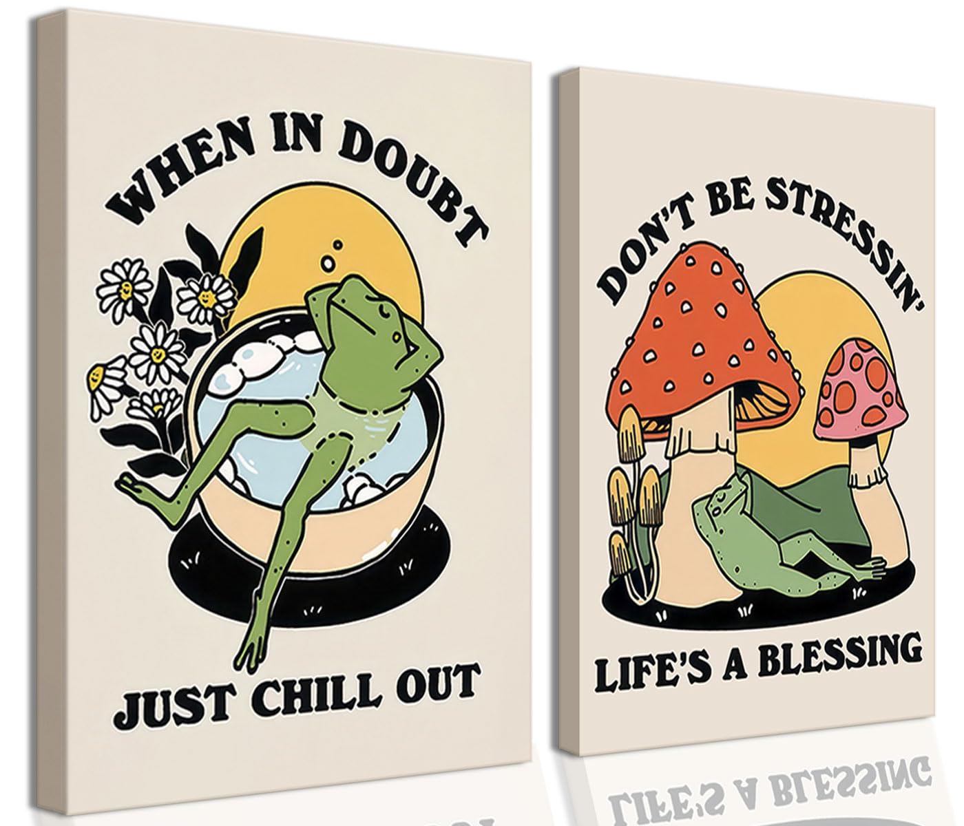 Framed Retro Meditating Frog Wall Art Carefree Frog Prints Vintage Frog Mushroom Picture Trendy 70S Aesthetic Poster Quote Wall