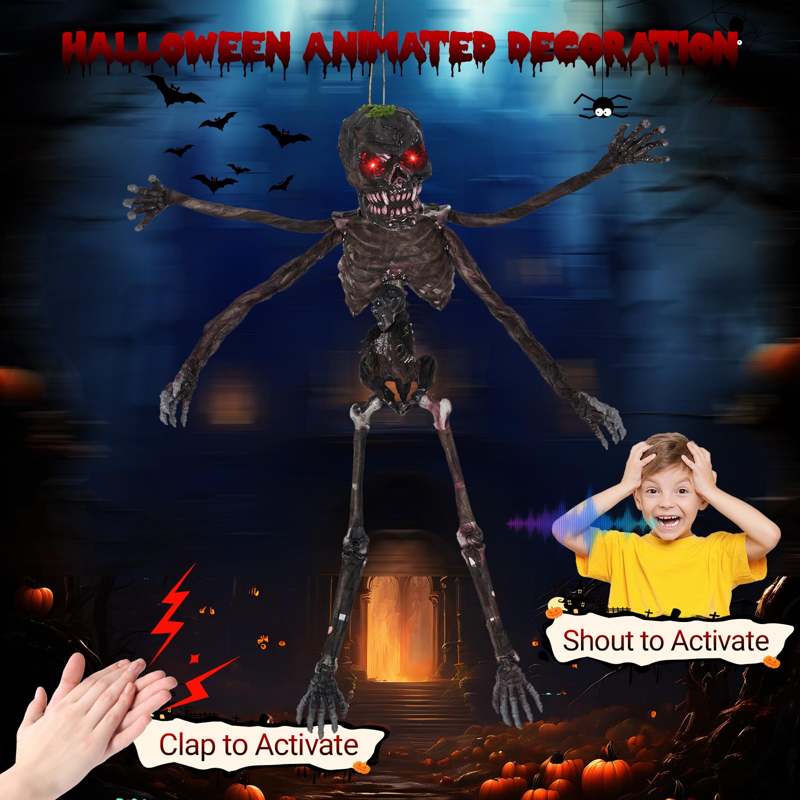 Tangkula 6Ft Halloween Animatronics Decoration with Glowing Red Eyes, Creepy 4-Armed Scary Skeleton for Outdoor Yard, Haunted Ho