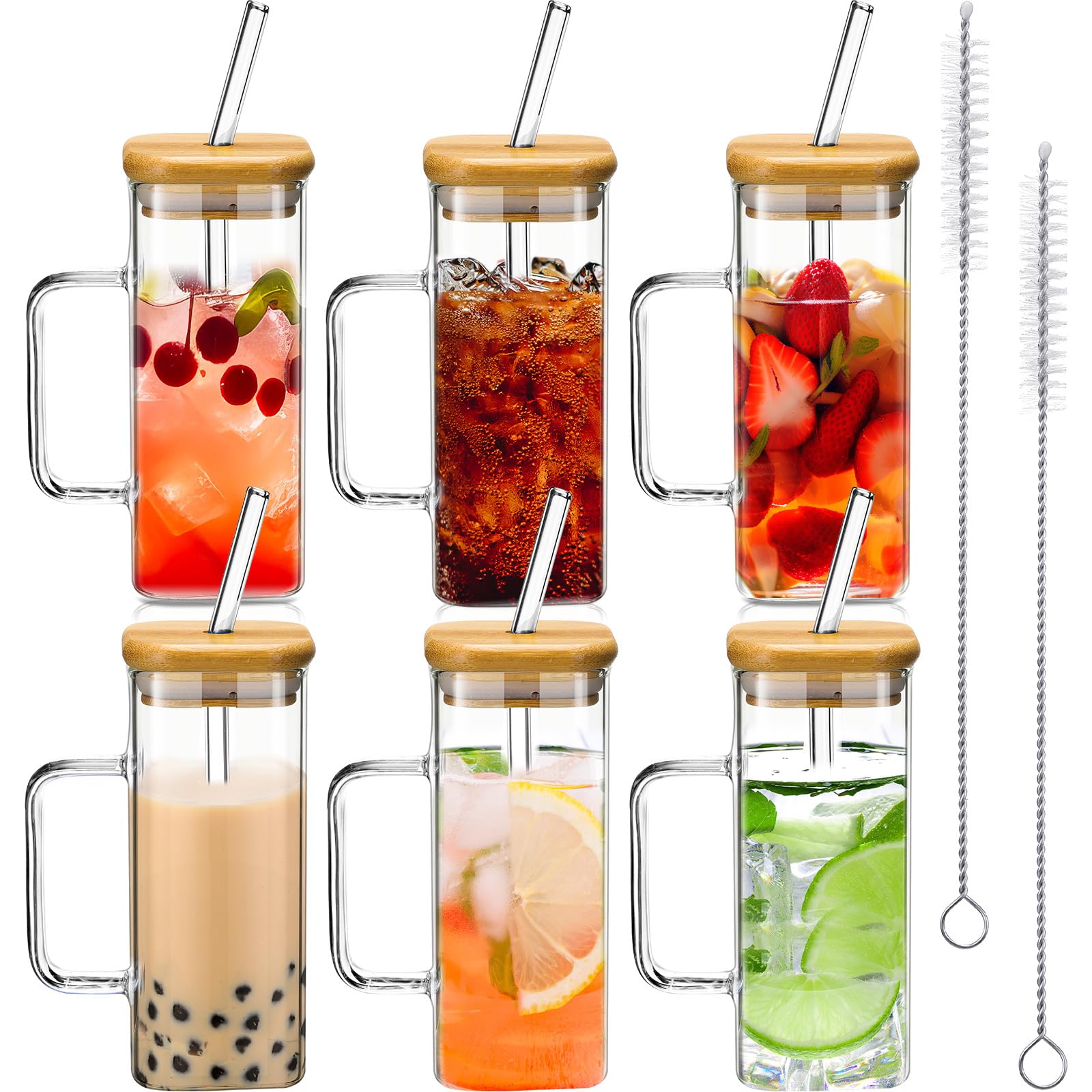 Rtteri 6 Set Square Glass Cups Drinking Glasses With Bamboo Lid Straw And Handle Portable Coffee Mugs Appreciation Gifts For Emp