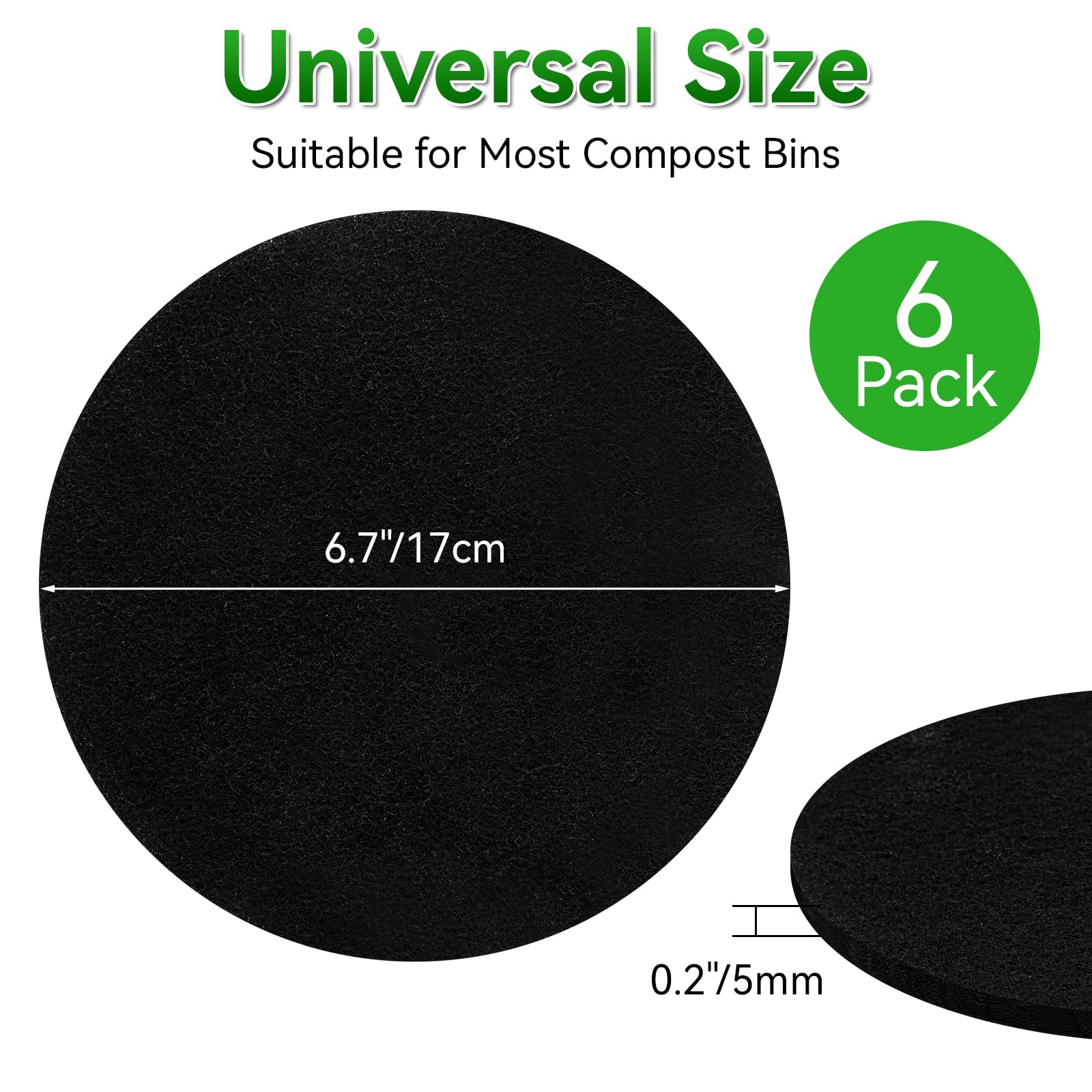 6 Pack Charcoal Filters For Compost Bucket, 6.7 Inch Compost Filters For Countertop Bin, Activated Carbon Replacement Filters Fo