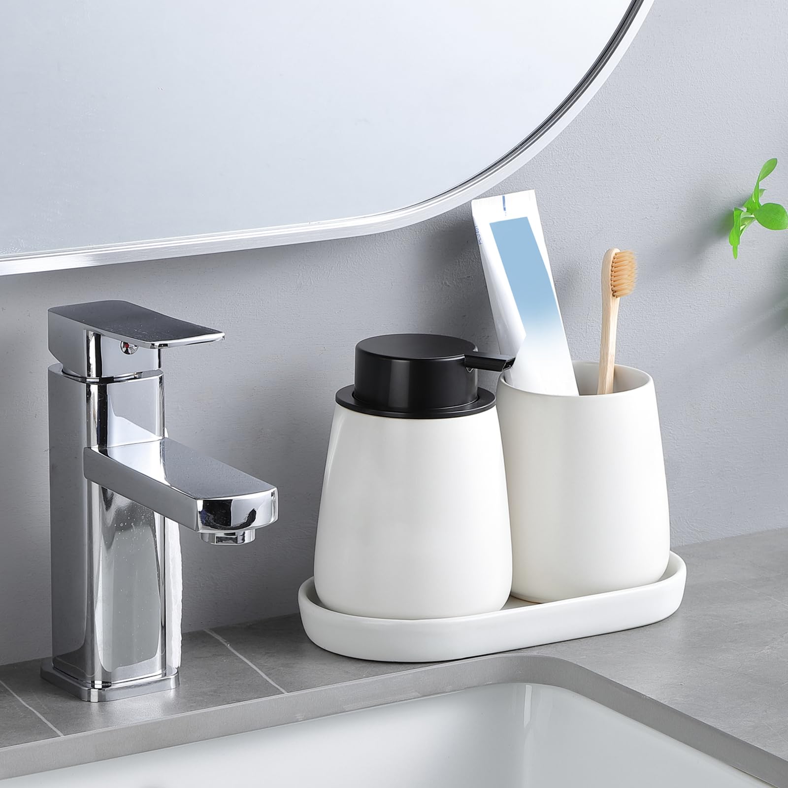 Eyrozia White Round Soap Dispenser Tray - 8'' Ceramic Vanity Tray For Bathroom Decorative, Jewelry Ring Dish, Comestic Holder, K