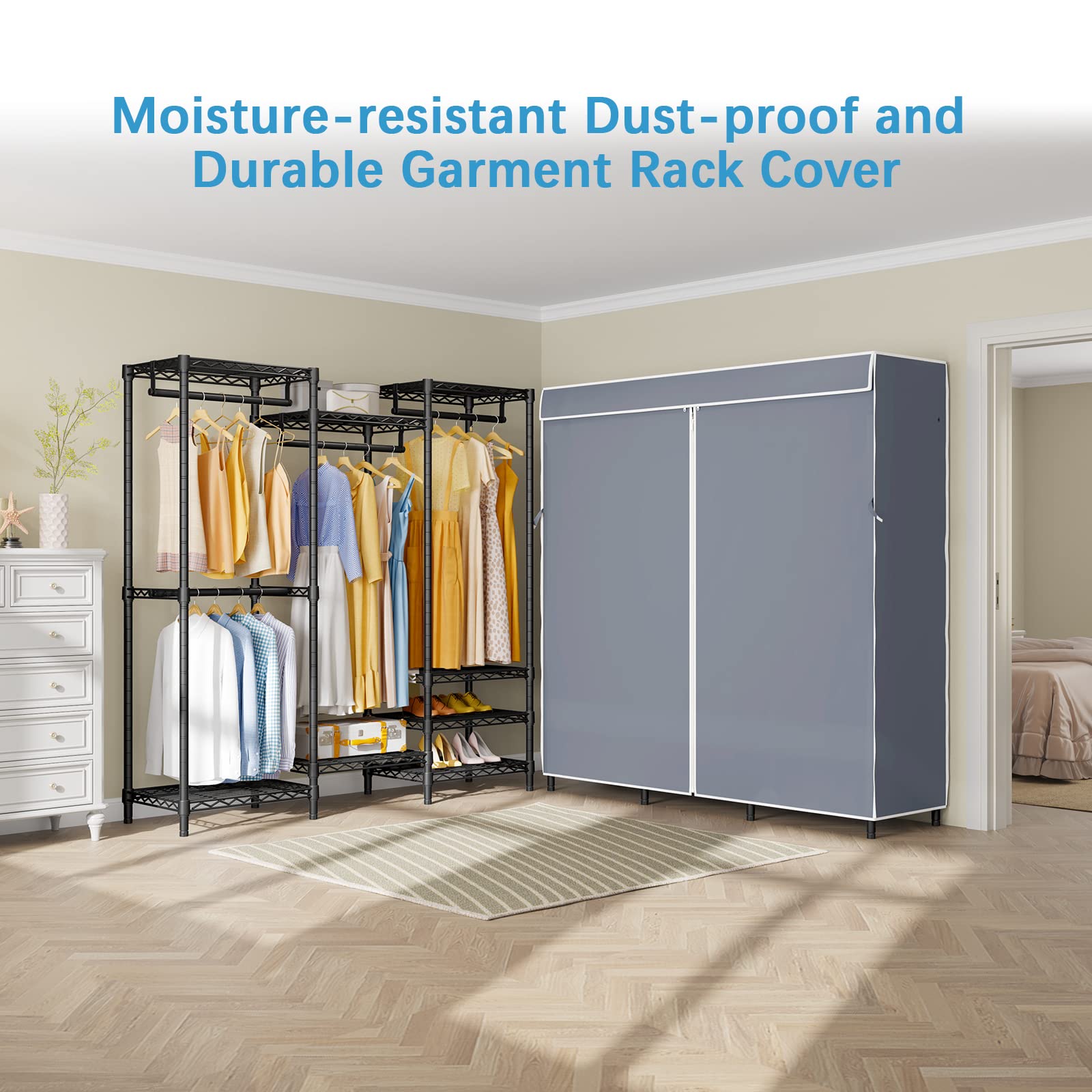 Vipek V5C Covered Clothes Rack Heavy Duty Portable Closet Wardrobe, Freestanding Black Metal Clothing Rack With Grey Oxford Fabr