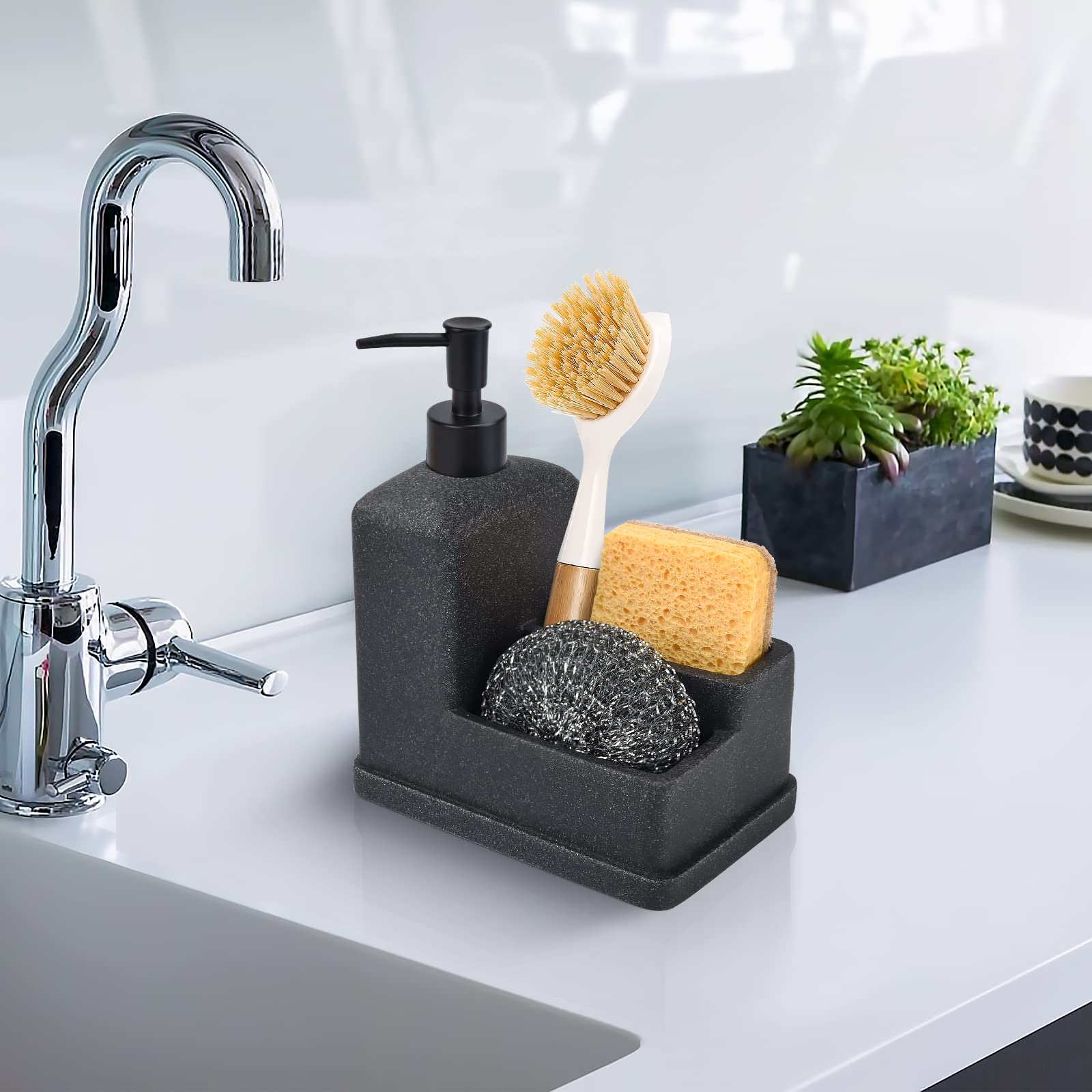 Dish Soap Dispenser With Sponge Holder,Liquid Hand And Dish Soap Dispenser And Spong Caddy With Brush Holder 3 In 1 Countertop O