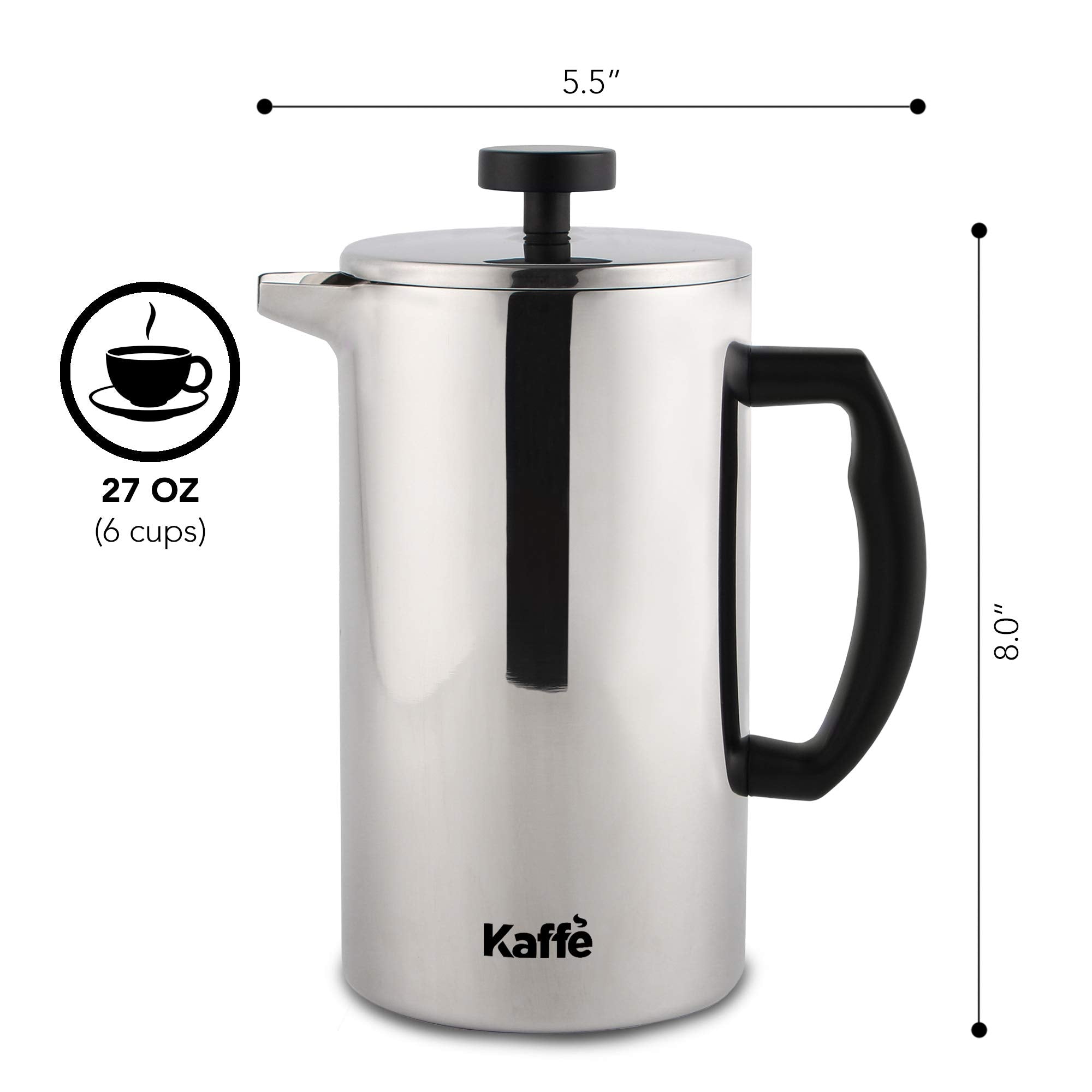 Kaffe Stainless Steel French Press Coffee Maker (27Oz / 0.8L) - Double-Wall Insulated Coffee Press Stainless Steel - Travel & Ca