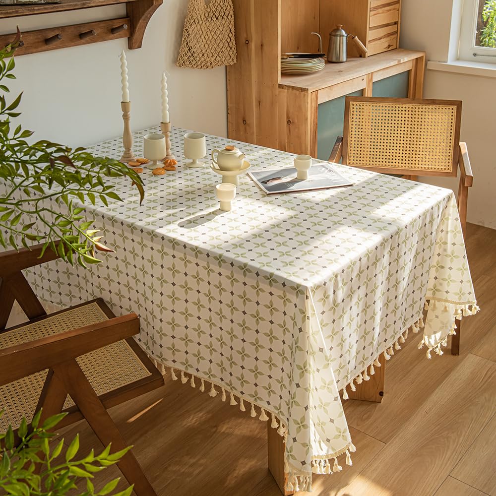 Tablecloth For Rectangle Tables With Tassels Vinyl Waterproof Coating Table Cover With Cotton Linen Burlap Backing Tabletop Non-