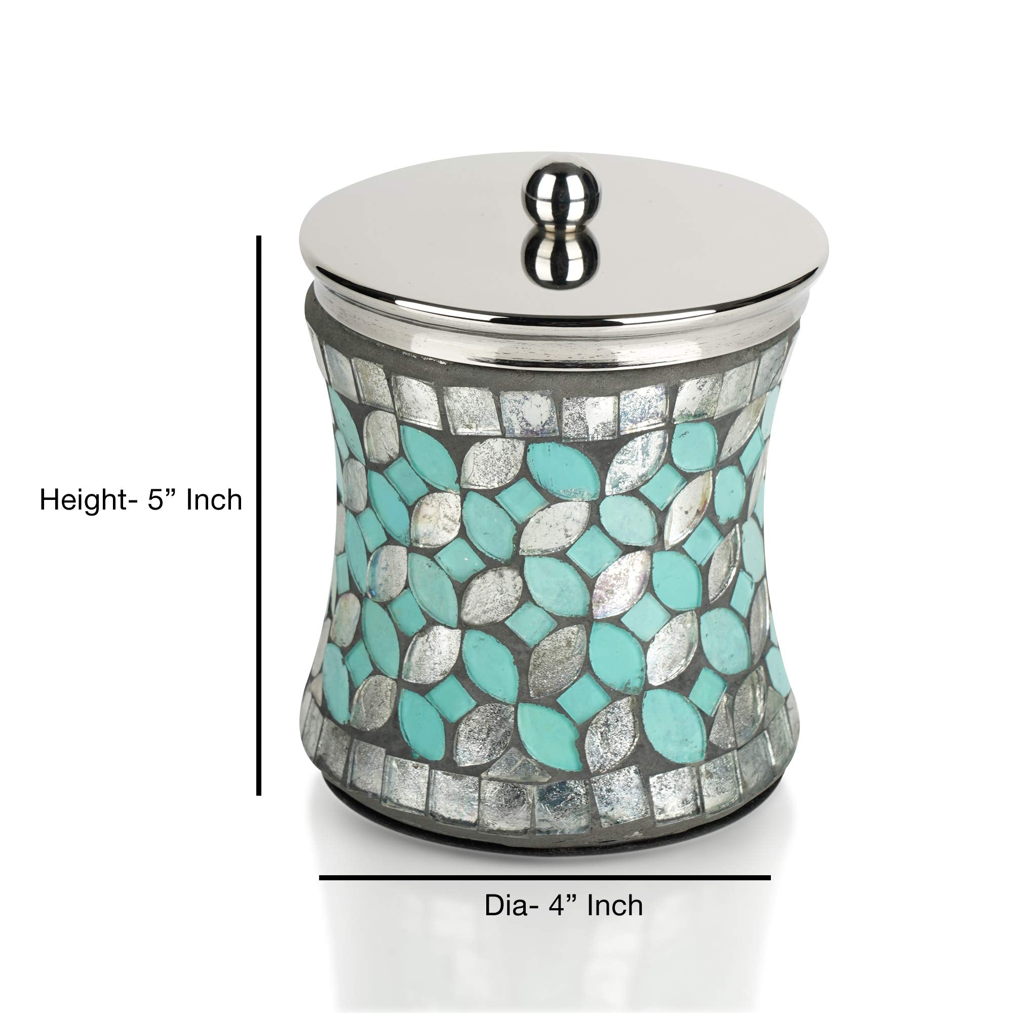 Nu Steel Sea Foam Q-Tip Jar In Aqua Blue/Silver Glass Mosaic/ Stainless Steel For Bathrooms & Vanity Spaces