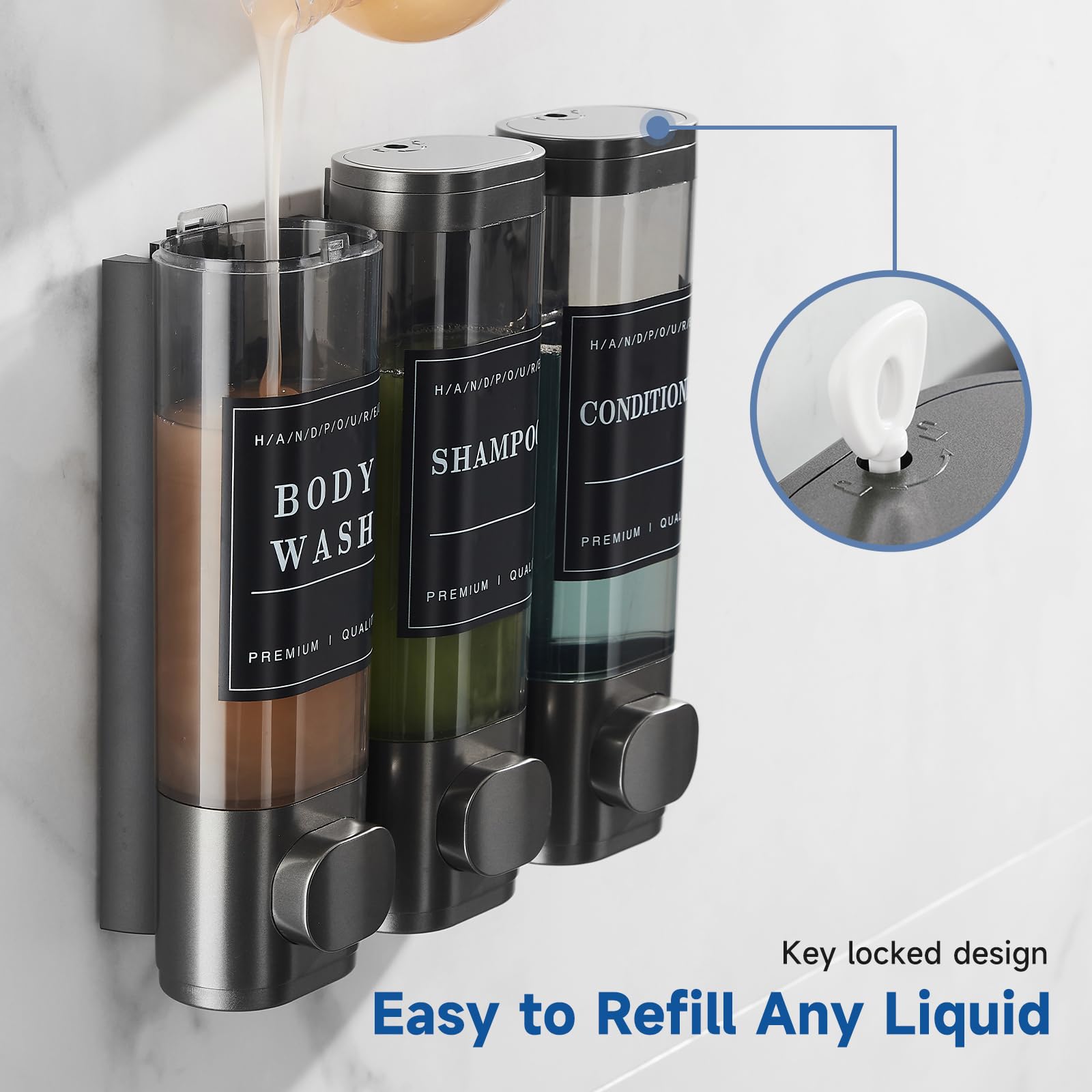 Shampoo And Conditioner Dispenser,Unisense Shower Soap Dispenser 3 Chamber No Drill Wall-Mounted Shampoo Dispenser For Shower Wa