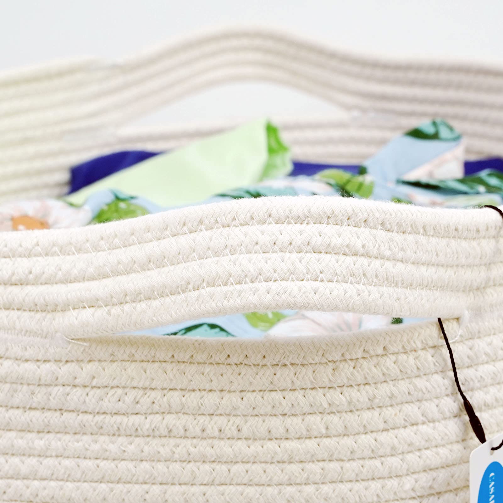 Casaphoria Natural Woven Cotton Rope Storage Basket Jute Laundry Basket for Bedroom  for Organizing Towels Blanket Basket for Bathroom Bicolor Round Blending Woven Hampe with Handles for Living Room