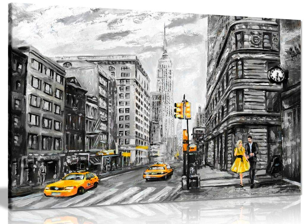 Black White Yellow New York City Oil Painting Canvas Wall Art Picture Print (36X24In)