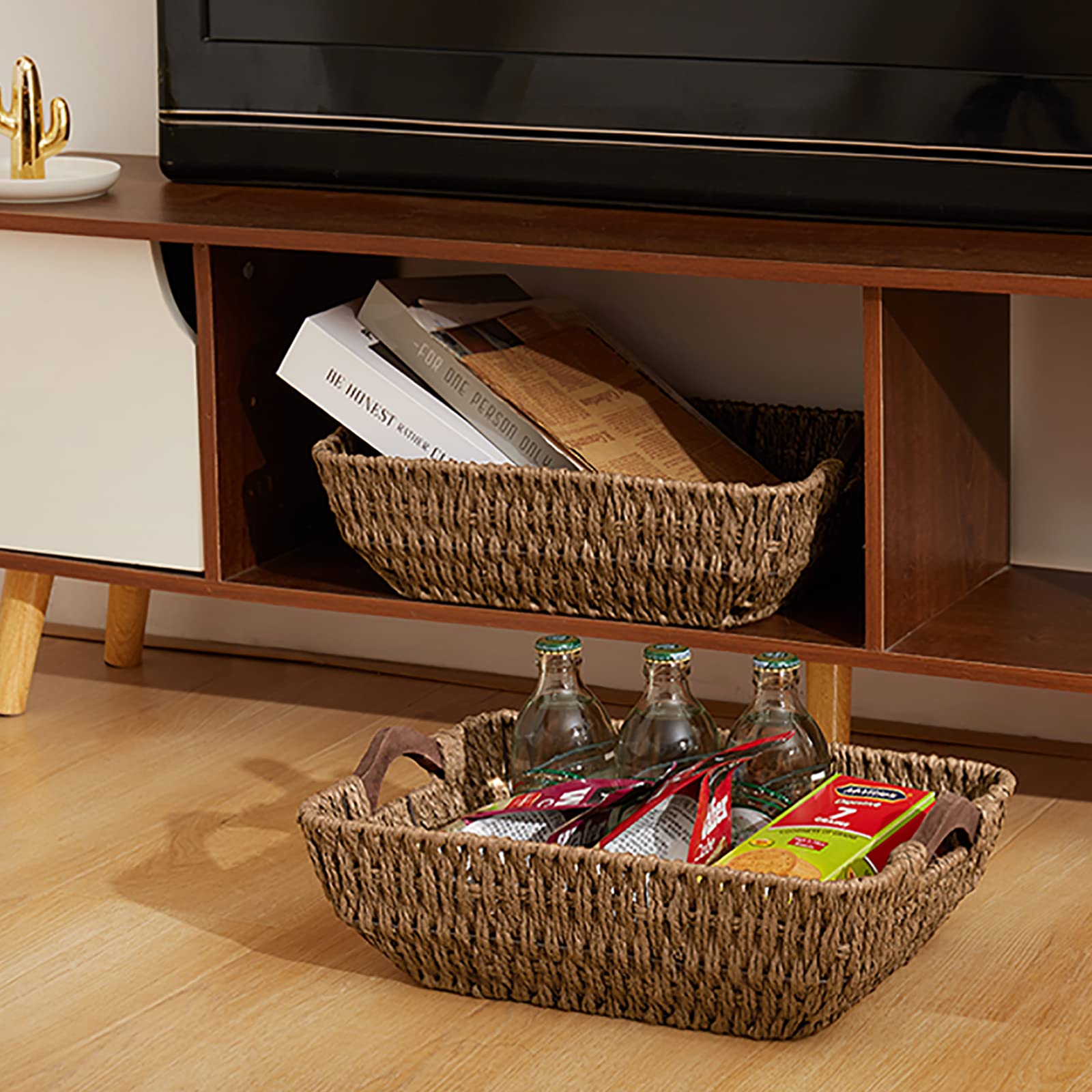 Fairyhaus Hand-Woven Wicker Storage Basket With Natural Wooden Handles Set Of 2, Recyclable & Renewable Paper Rope, 15X10X5 Wick