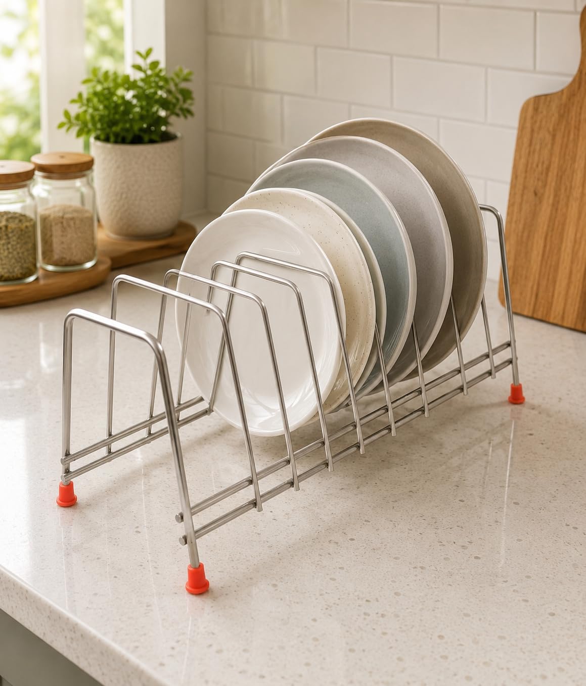 Zepdos Stainless Steel Square Plate Rack For Kitchen, Thali Rack, Dish Rack, Thali Stand For Kitchen, Dish Stand With Lid Holder