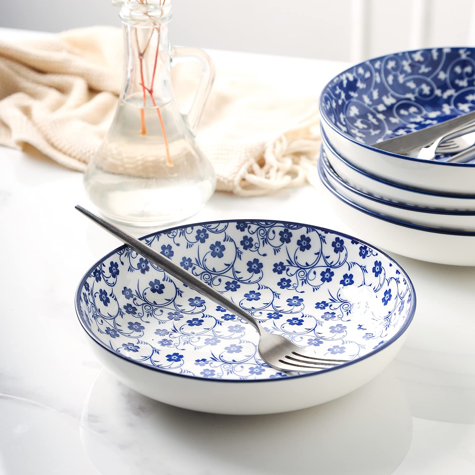 Selamica Porcelain Salad Pasta Bowls, Serving Bowls, Microwave & Dishwasher Safe, Sturdy & Stackable - 26 Ounce, Set Of 6, Vinta