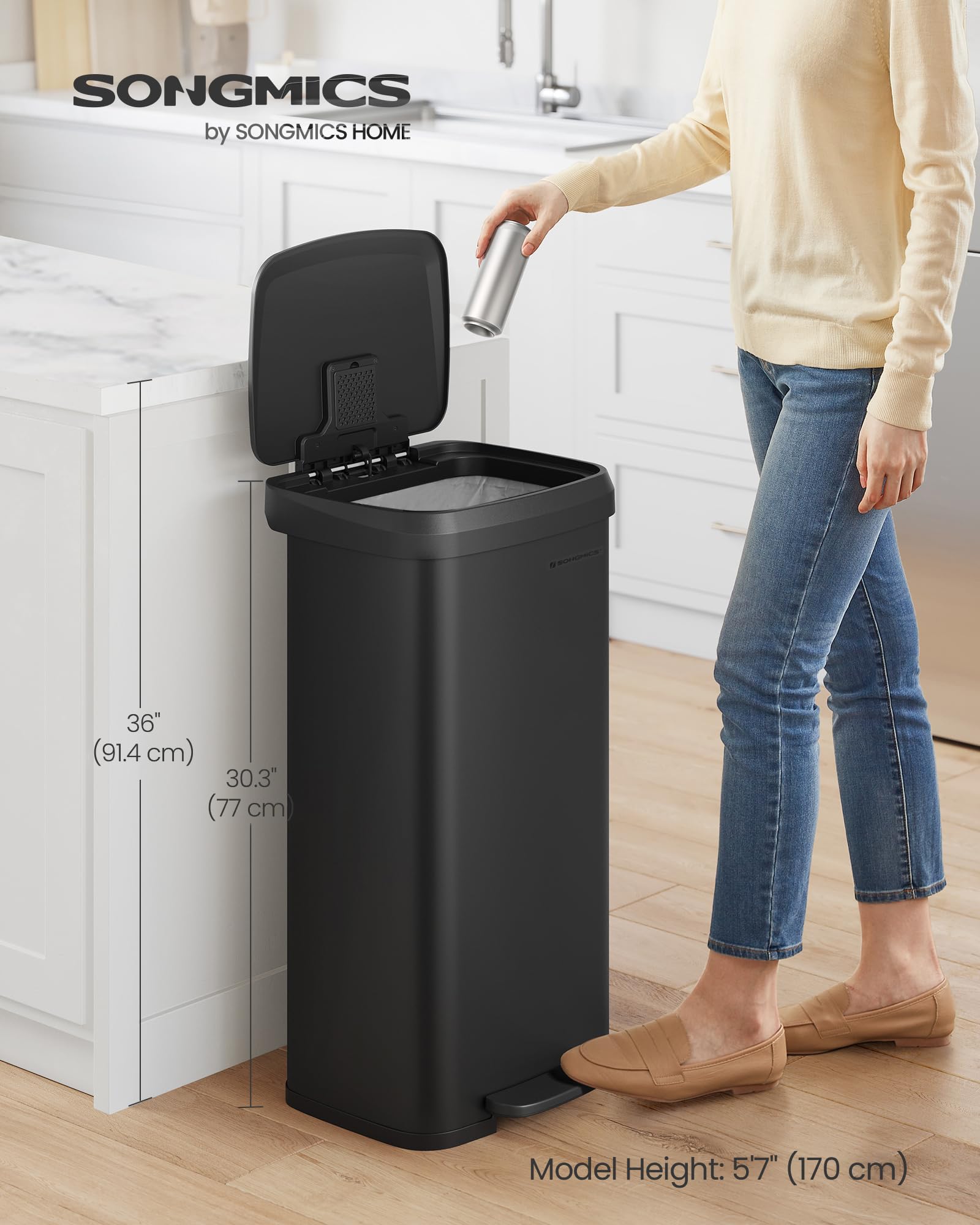 Songmics Kitchen Trash Can, 18-Gallon Stainless Steel Garbage Can, With Stay-Open Lid And Step-On Pedal, Soft Closure, Tall, Lar
