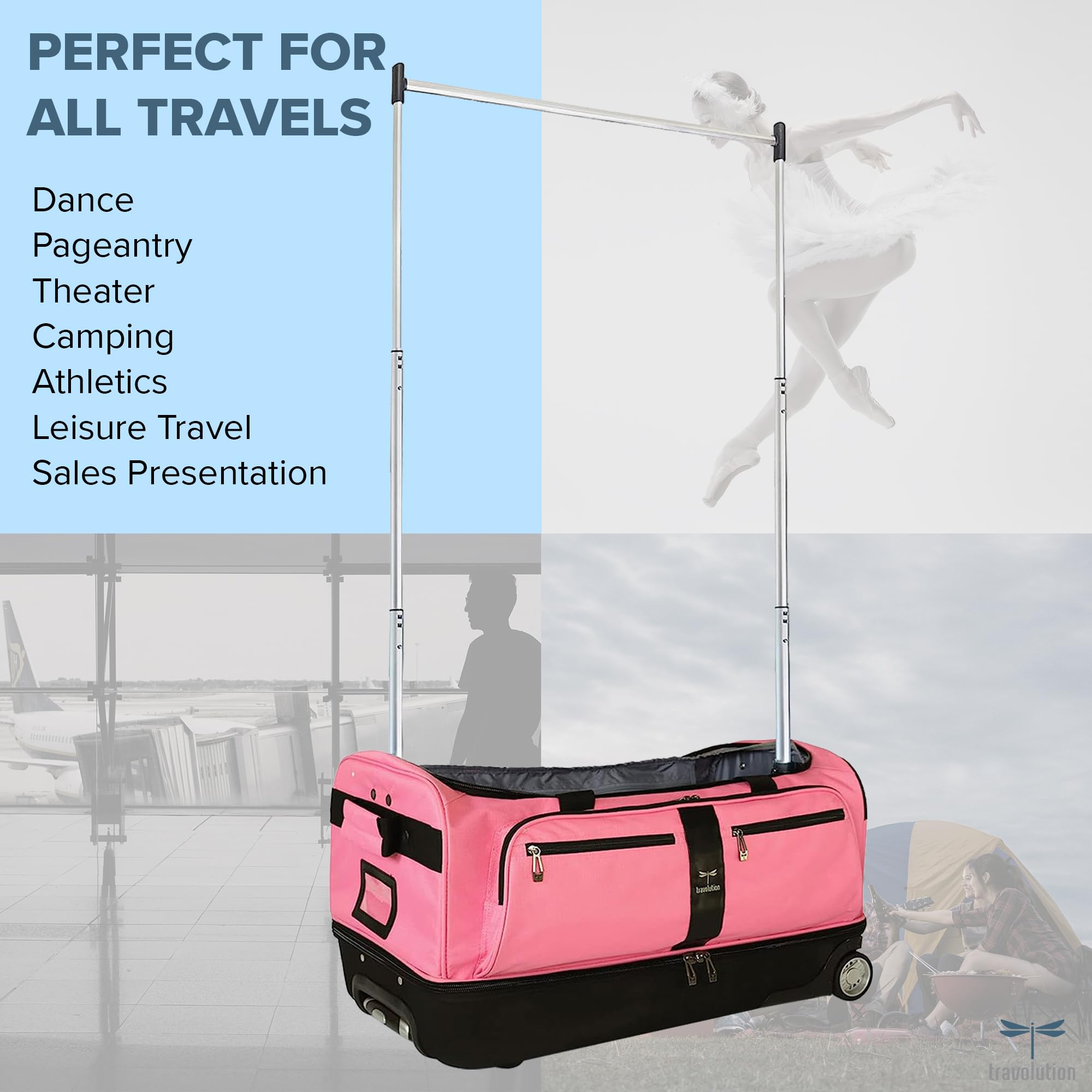 Travolution Dance Bag With Garment Rack, 28 Inch Rolling Duffel With Wheels, Ideal For Competitions & Travel, Easy-Assembly Ligh