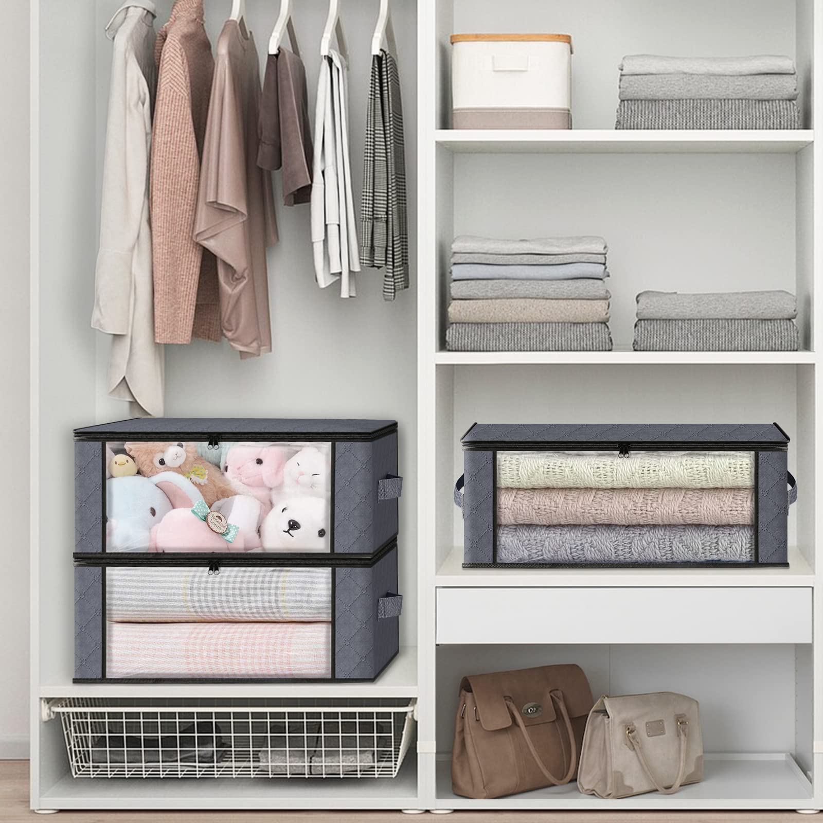 HomeHacks Storage 3-Pack Clothes Organizer Storage Bags Foldable Storage Box with Large Clear Window Sturdy Handles for Closet,