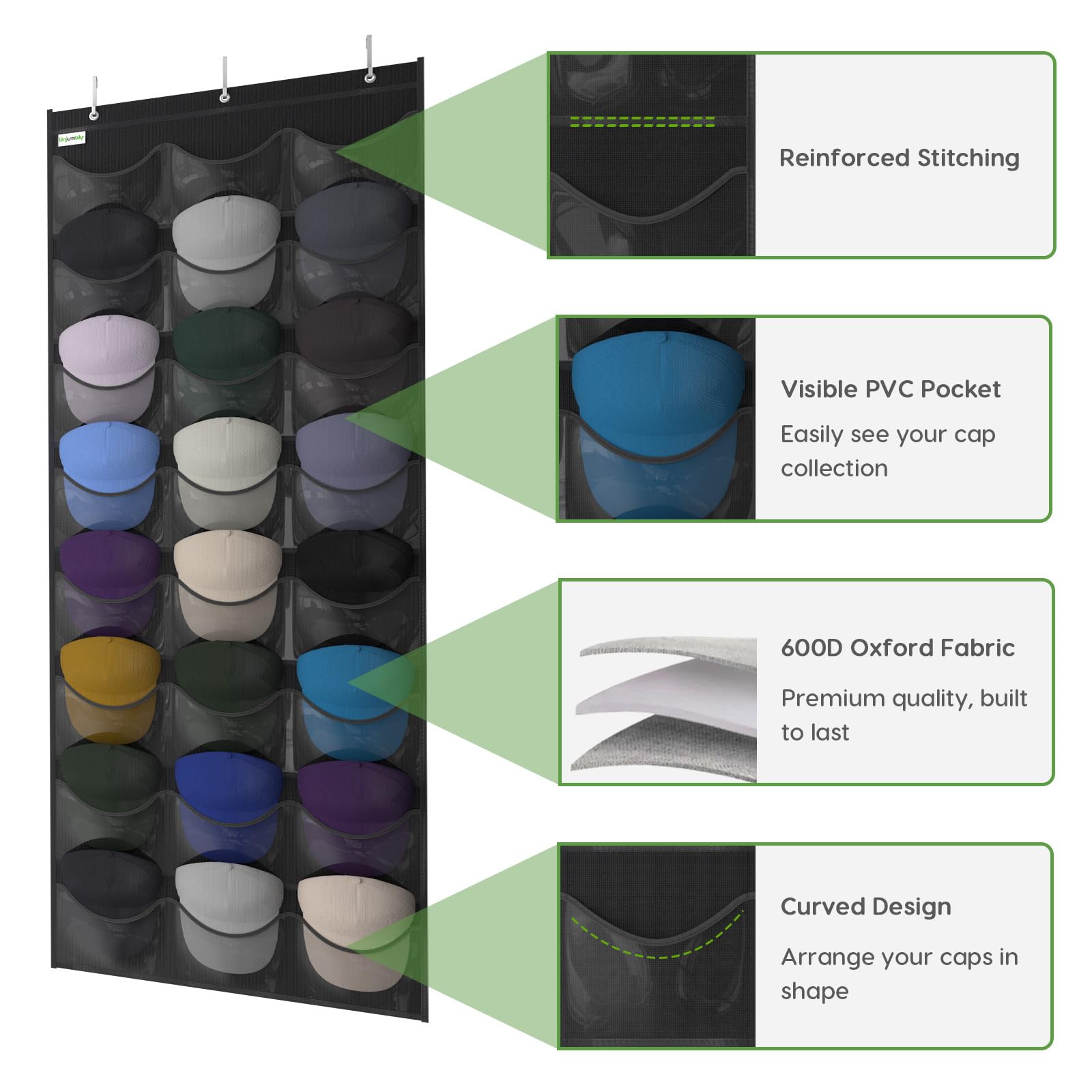 Unjumbly Over Door Hat Rack - 24 Pocket Baseball Cap Organizer, Black, Oxford 600D Fabric, Includes 3 Over Door Hooks