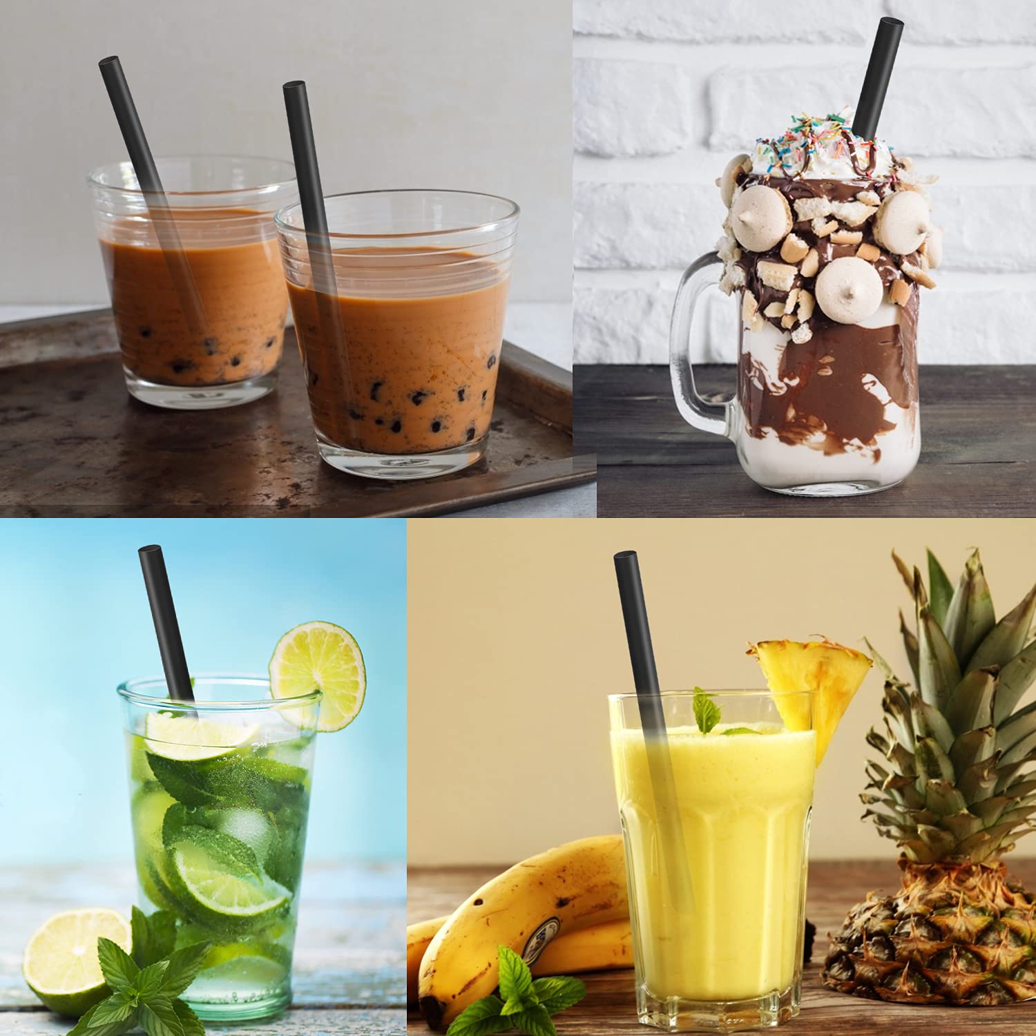RENYIH 100 Pcs Black Boba Straws Jumbo Smoothie Straws Individually Wrapped Disposable Plastic Large Wide-mouthed Milkshake Drinking Straws(0.43'' Wide X 9.45'' Long)