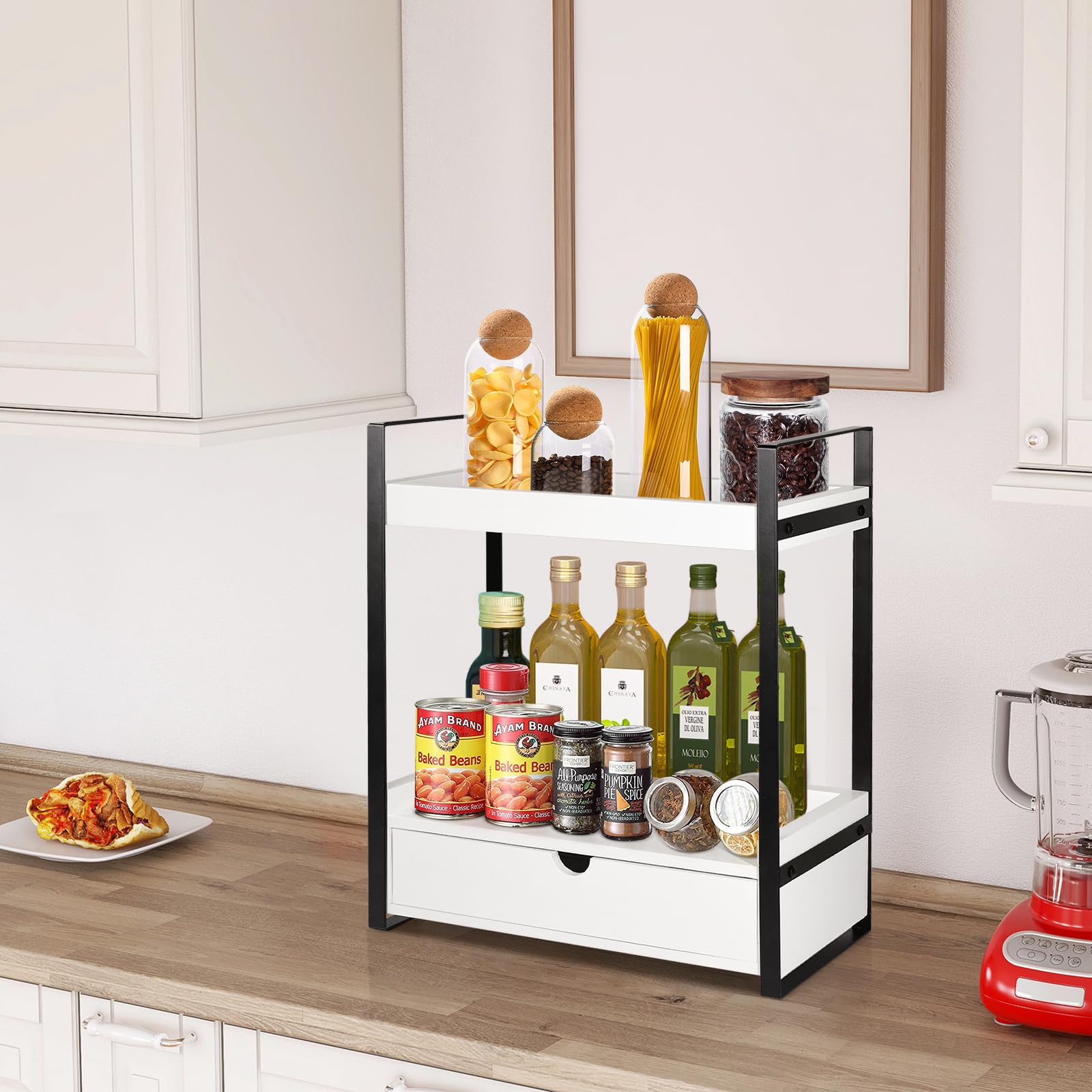 2-Tier Bathroom Organizer Countertop With Drawer, Wood Counter Shelf For Bathroom Storage, Vanity Tray For Bathroom Organization