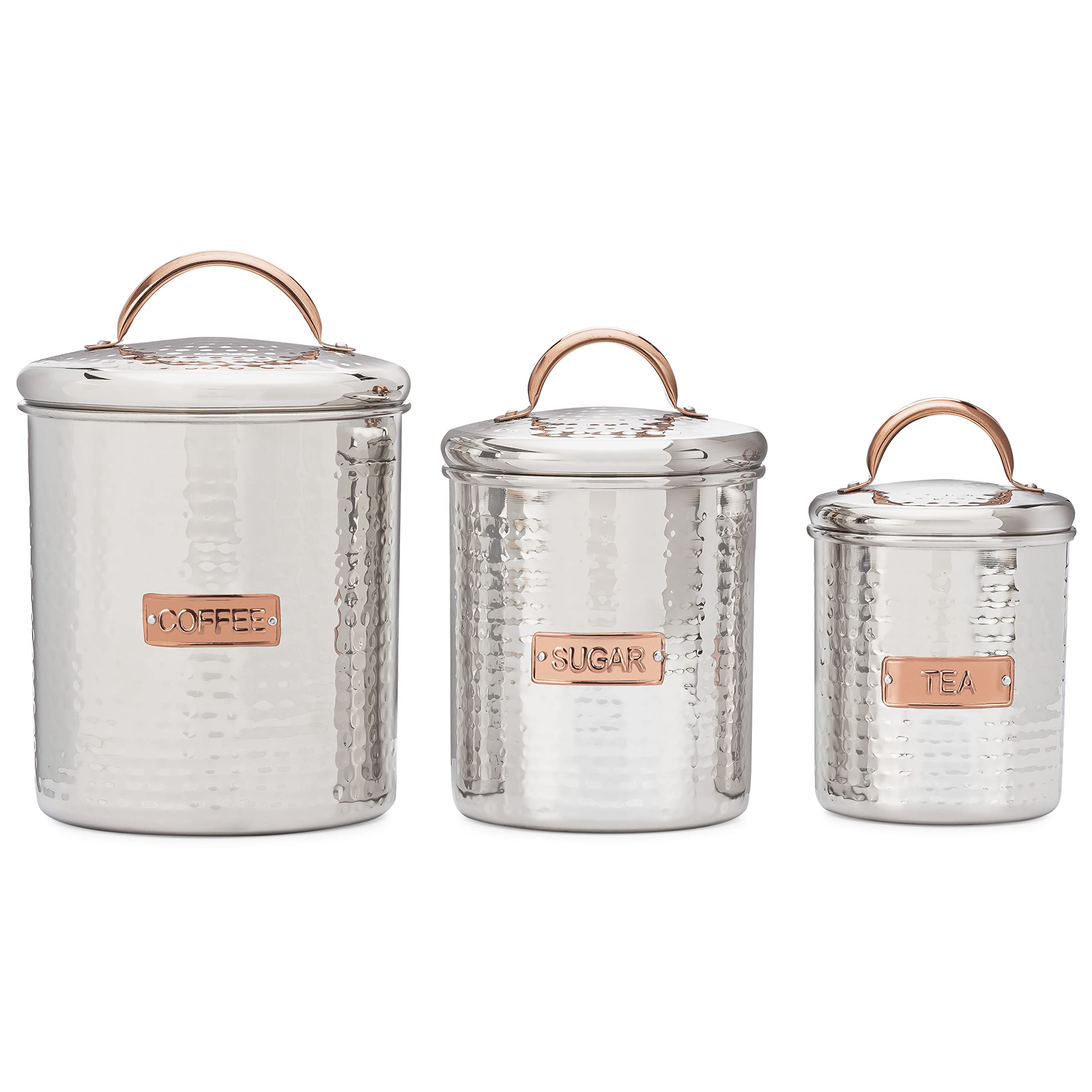 Old Dutch International 3 Pc Stainless Steel W/Copper Finish Handle & Badge, Tea, Coffee, Sugar Canister Set, Silver/Wood