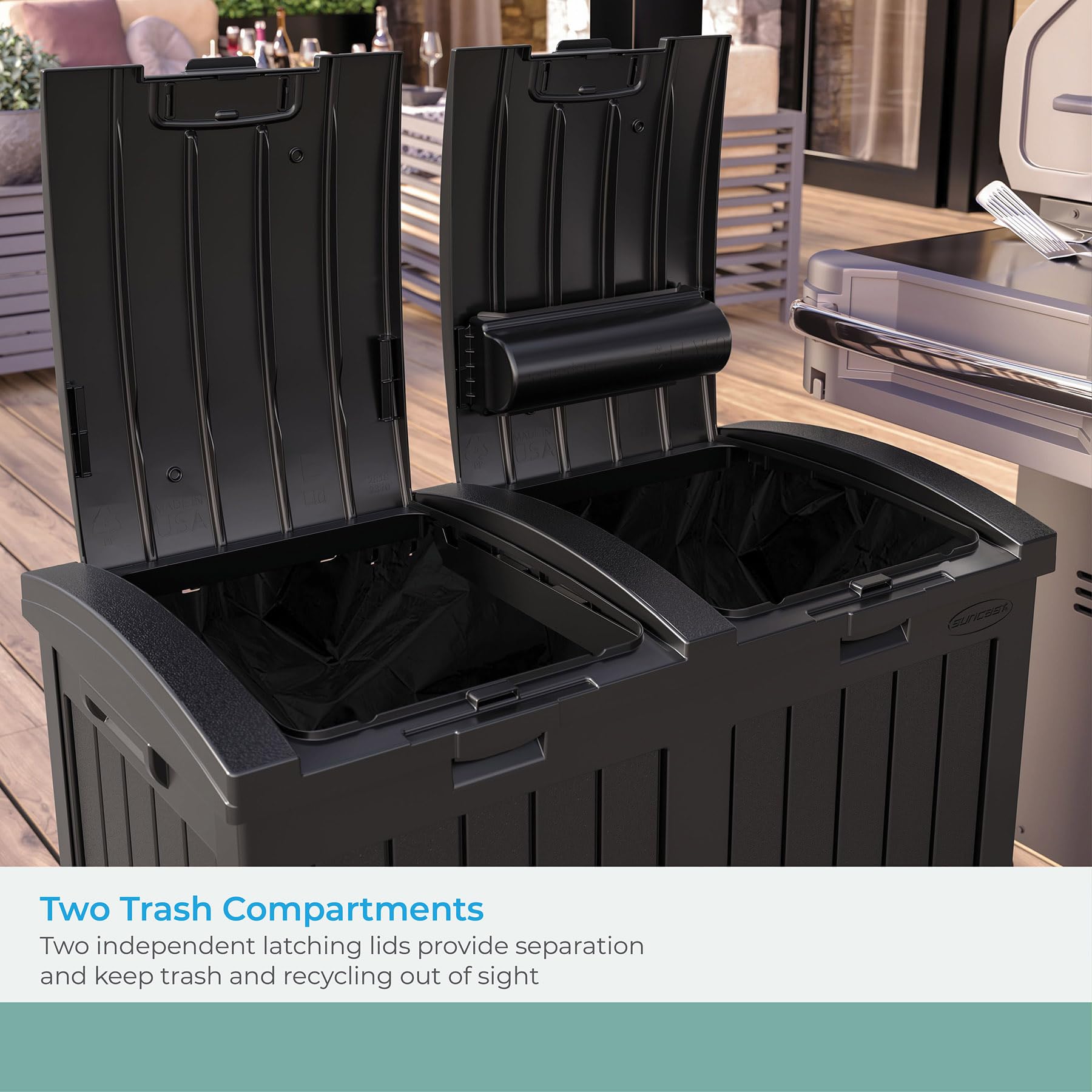 Suncast Dual Trash Hideaway Cabinet for Garbage and Recycle Bags, Discrete Outdoor Trash Cabinet with Concealed Trash Bag Holder