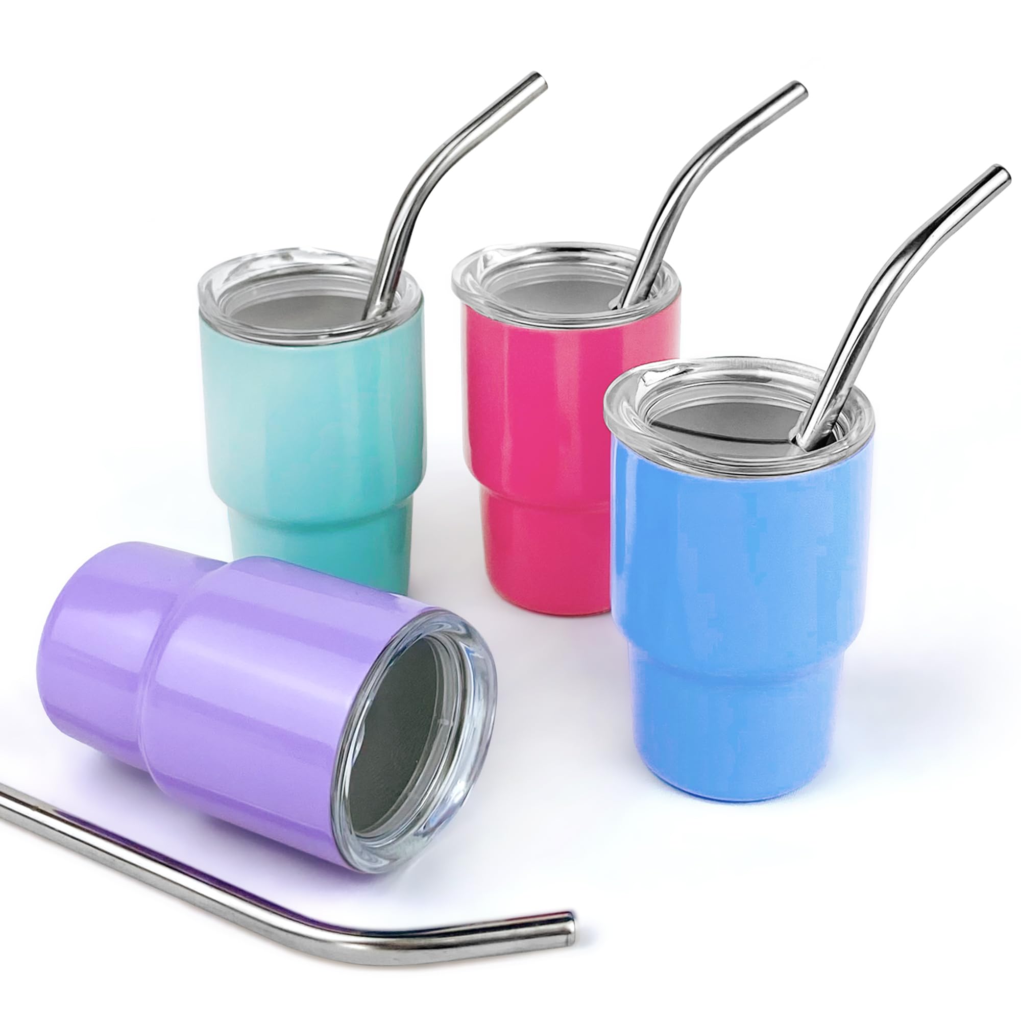TOSPARTY 4 PCS 3oz Mini Tumbler Shot Glass With Straw and Lid Stainless Steel Blank Sublimation Mini Shot Glass Tumblers 3oz for