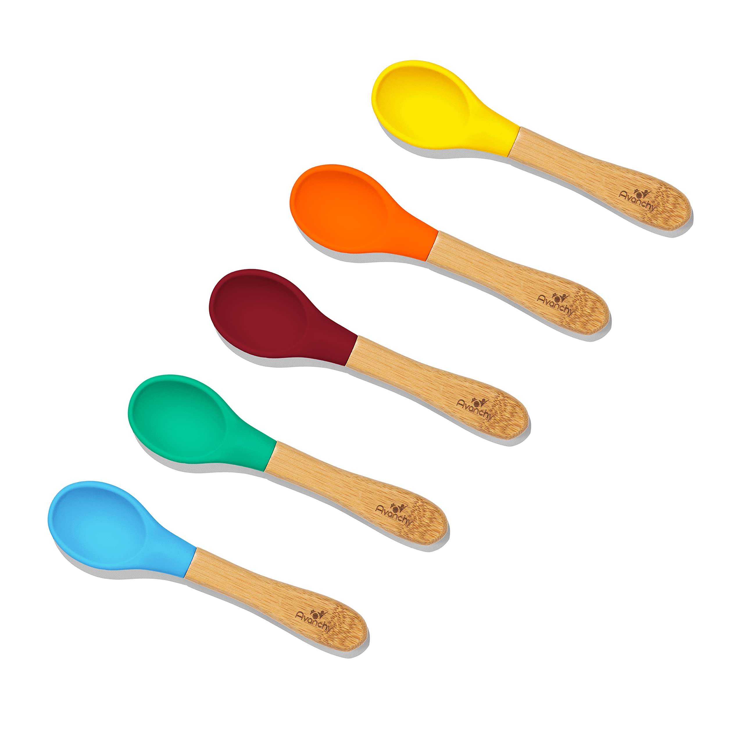 Avanchy Baby Spoons 5 Bamboo And Silicone Set, Self Feeding Food Utensils, 4 Months Baby Led Weaning, 5 Pack W/Blue