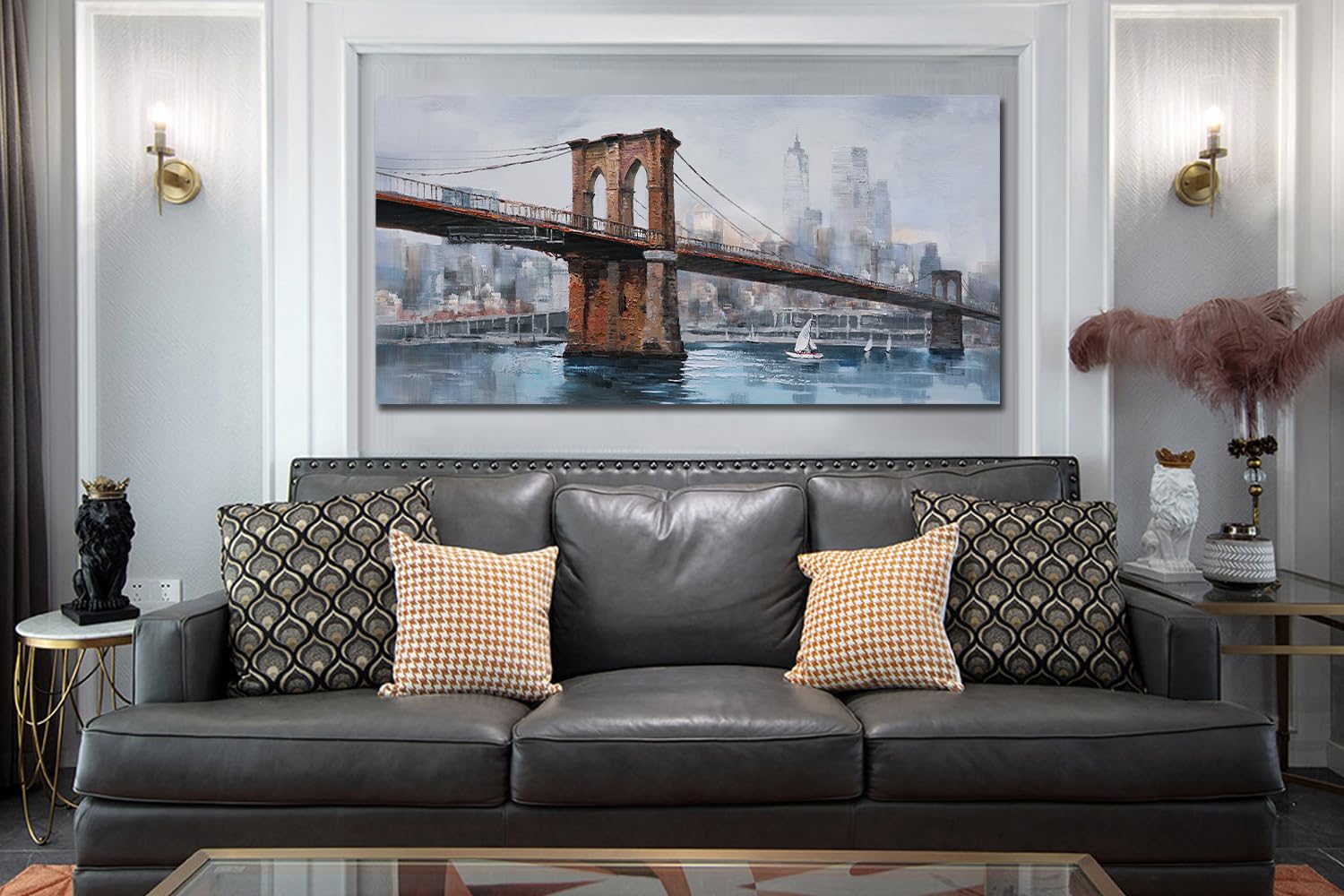 Ardemy Brooklyn Bridge Wall Art Canvas Cityscape Abstract Skyline New York City Painting, Modern Nyc Picture Framed For Bedroom