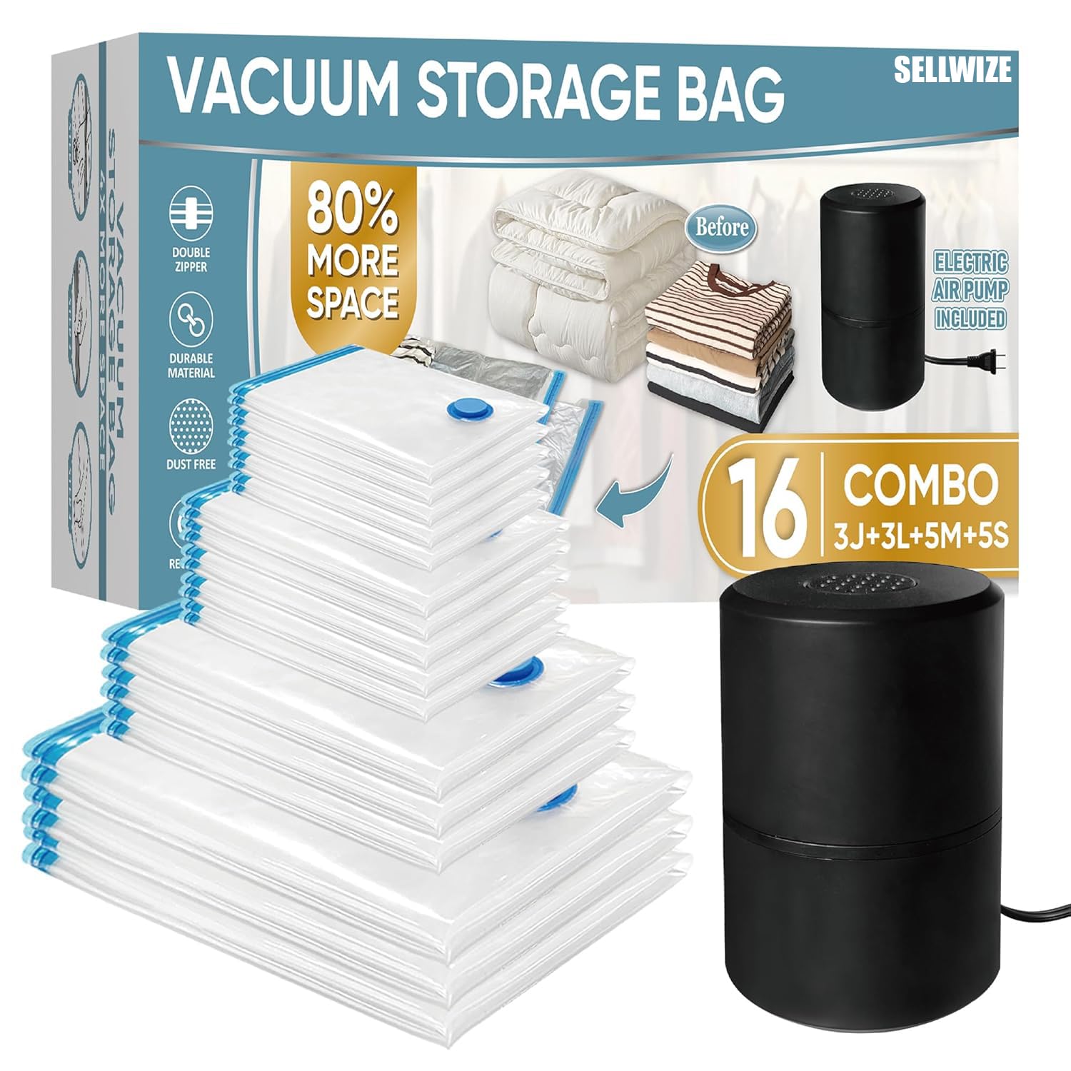 Sellwize Vacuum Storage Bags With Electric Pump, 16 Pack (3 Jumbo/3 Large/5 Medium/5 Small), Space Saver Bags With Pump, Storage