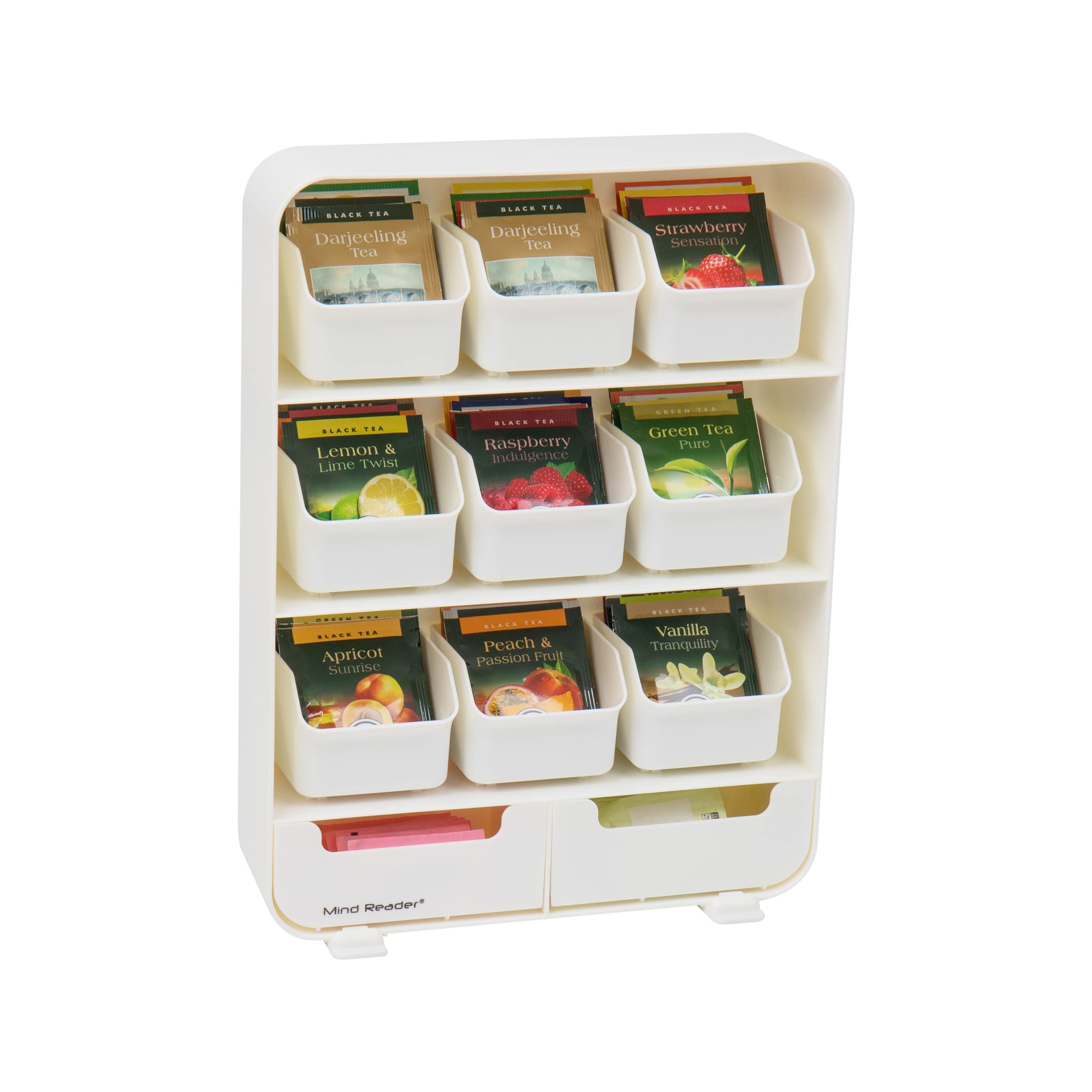 Mind Reader Tea Bag Organizer - Plastic Kitchen Storage, 10.25"L x 3.25"W x 13.75"H, White, Model TBORG-WHT