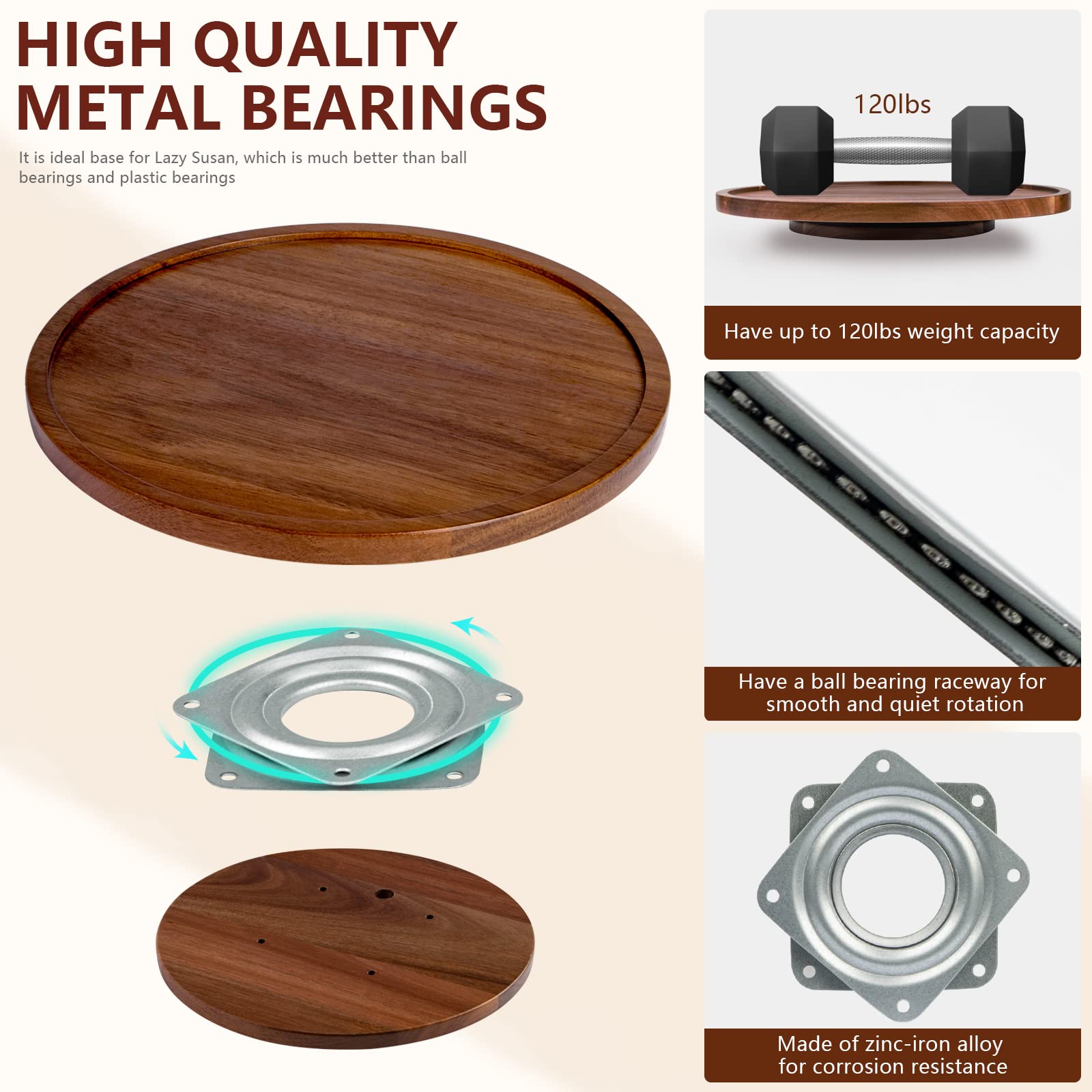 Anboxit Lazy Susan Organizer For Table, 12 Inch Wooden Lazy Susan Turntable For Cabinet, Acacia Wood Turntable Kitchen Spice Rac