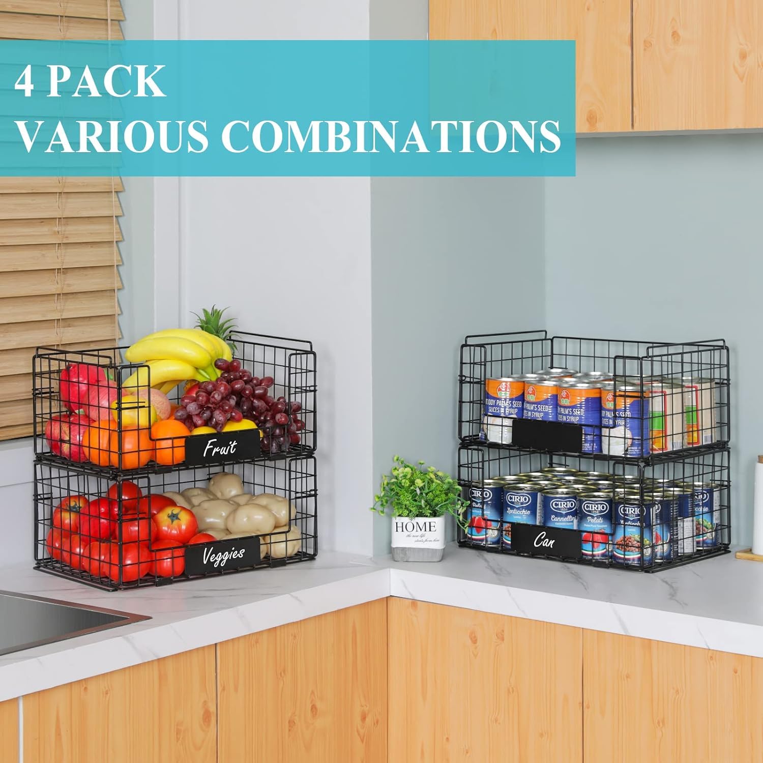 Jksmart 4 Pack Xxl Stackable Wire Baskets With Handles For Pantry Storage And Organization,Fruit And Vegetable Basket With Name