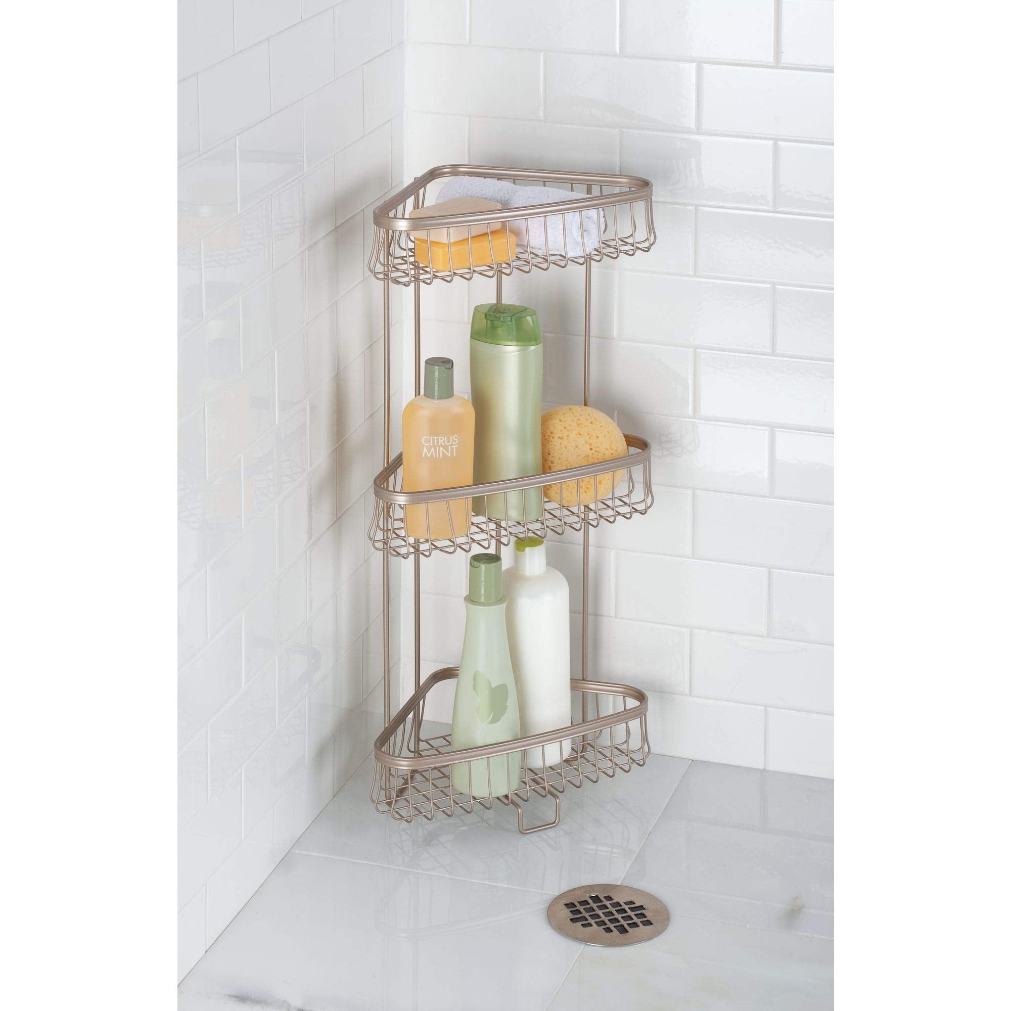 Idesign York Metal Wire Corner Standing Shower Caddy 3-Tier Bath Shelf Baskets For Towels, Soap, Shampoo, Lotion, Accessories, S