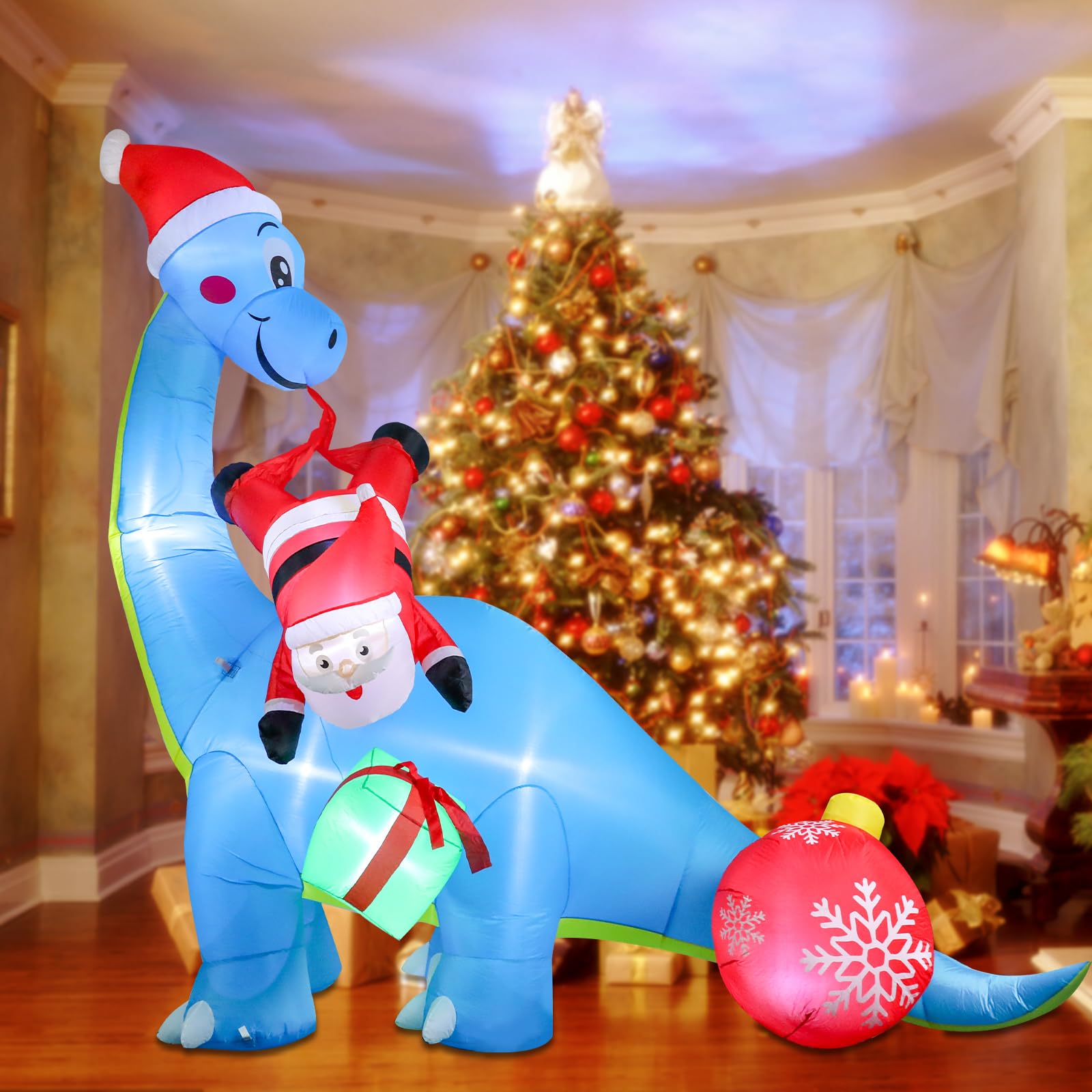 MUMTOP 10 FT Christmas Inflatables Giant Dinosaur with Santa, Blow Up Outdoor Decorations with LED Lights Built-in for Holiday P