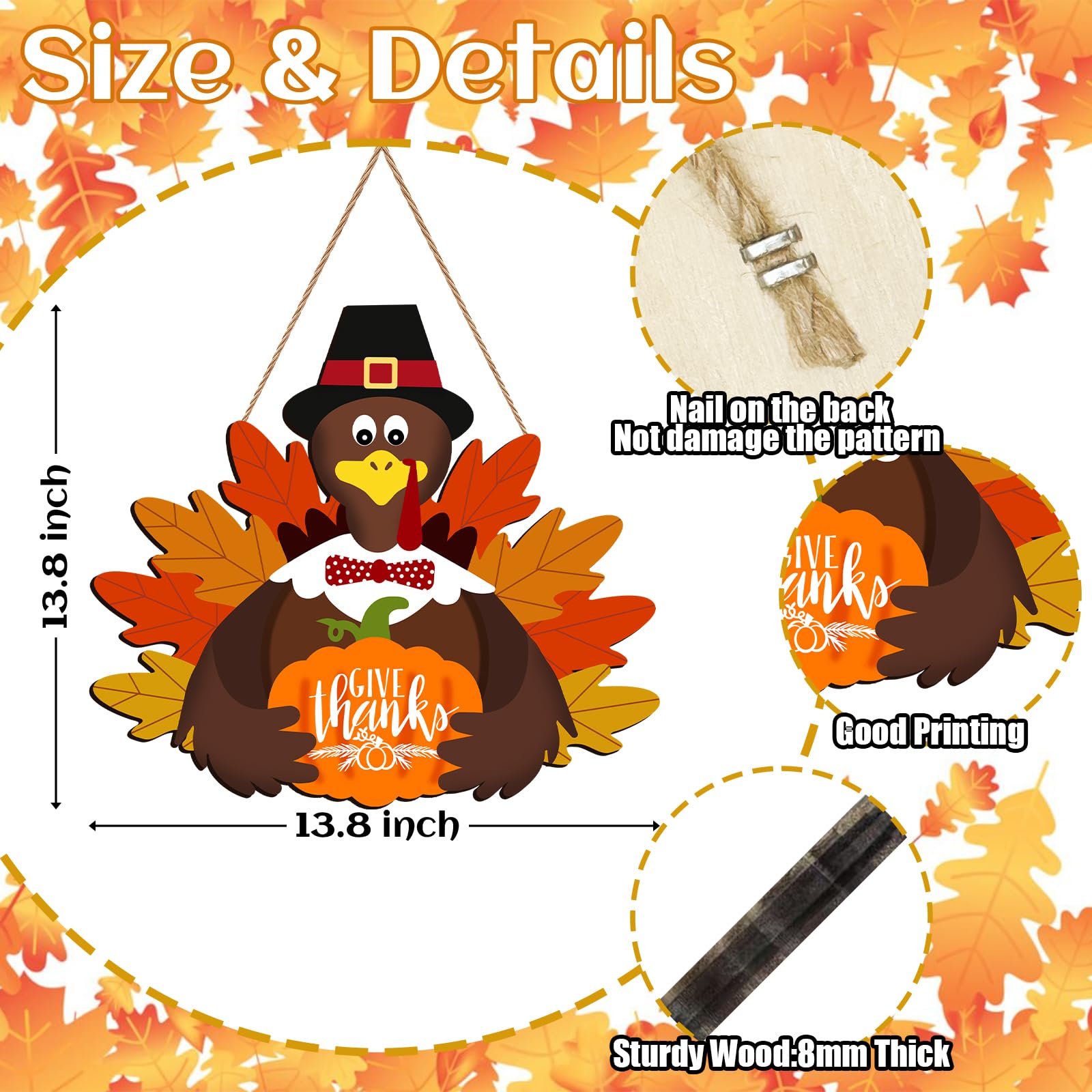 Thanksgiving Decorations for Front Door, Wooden Welcome Sign for Fall Decor, Hanging Turkey Autumn Sign for Harvest Home Farmhou