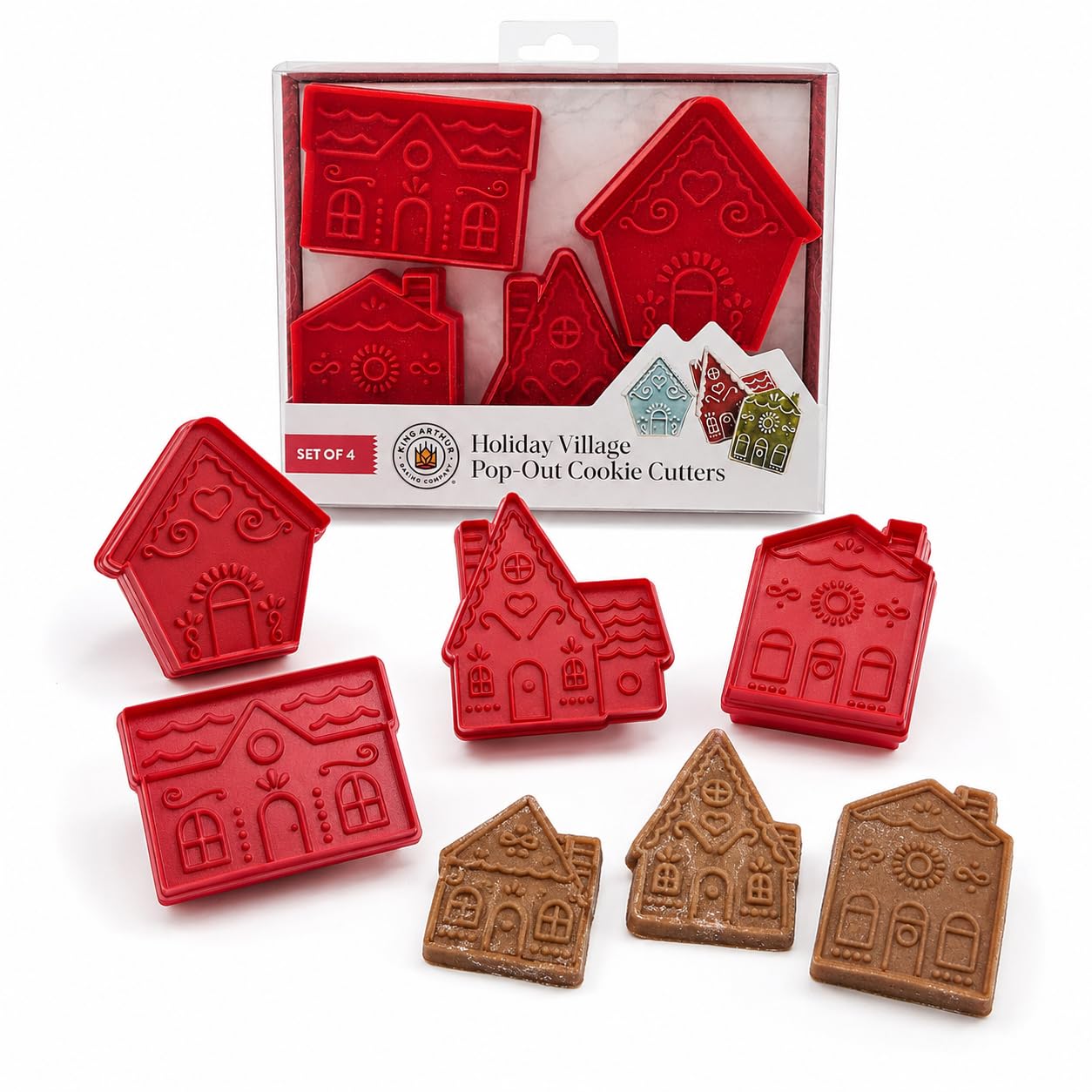 King Arthur Baking Company Holiday Village Pop Out Cookie Cutters, 4 Piece Set, For Embossed House Shaped Cookies For Holiday An