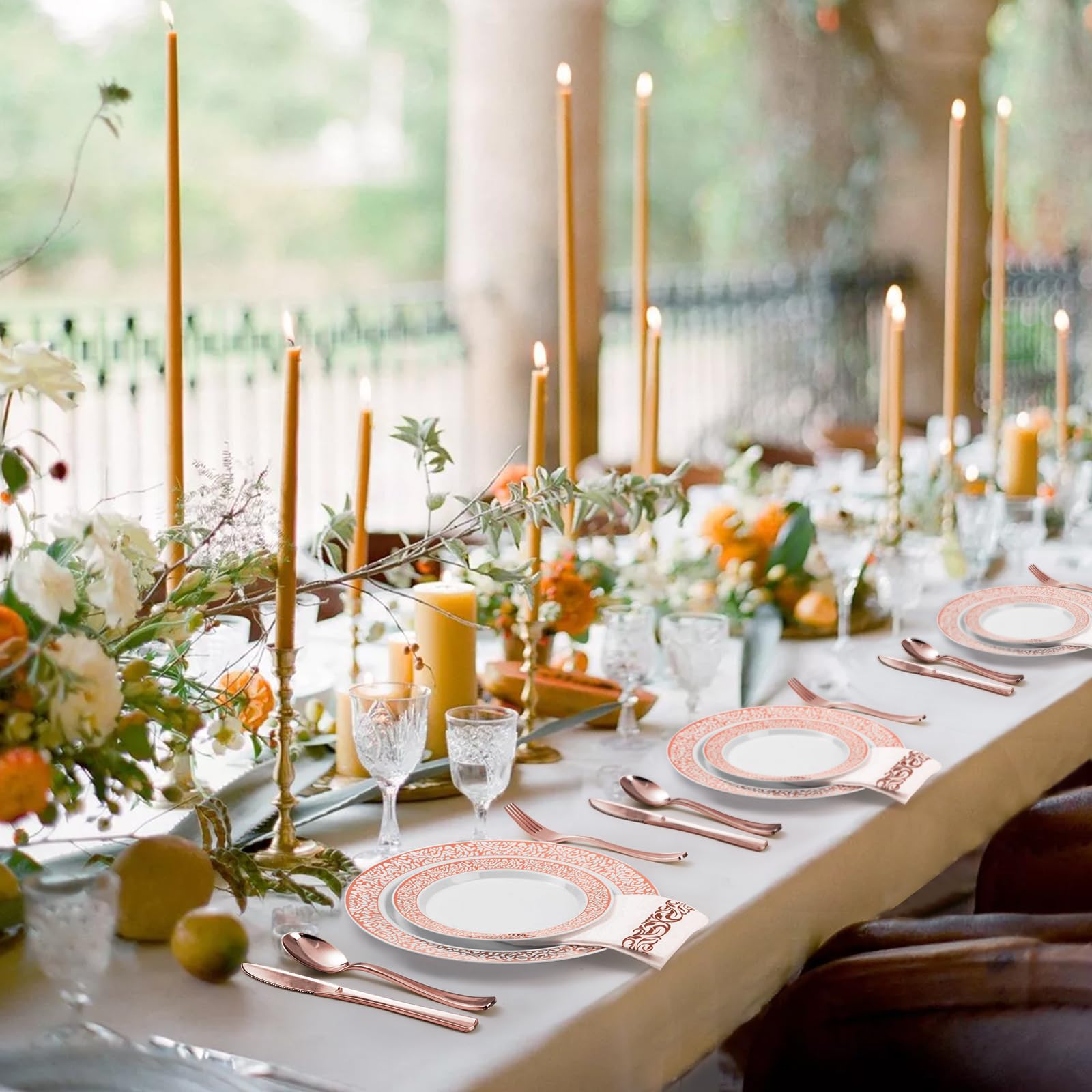 Bestluck 350Pcs Rose Gold Plastic Dinnerware Set For 50 Guests, Disposable Plates For Valentine'S Day, Include 50 Rose Gold Dinn